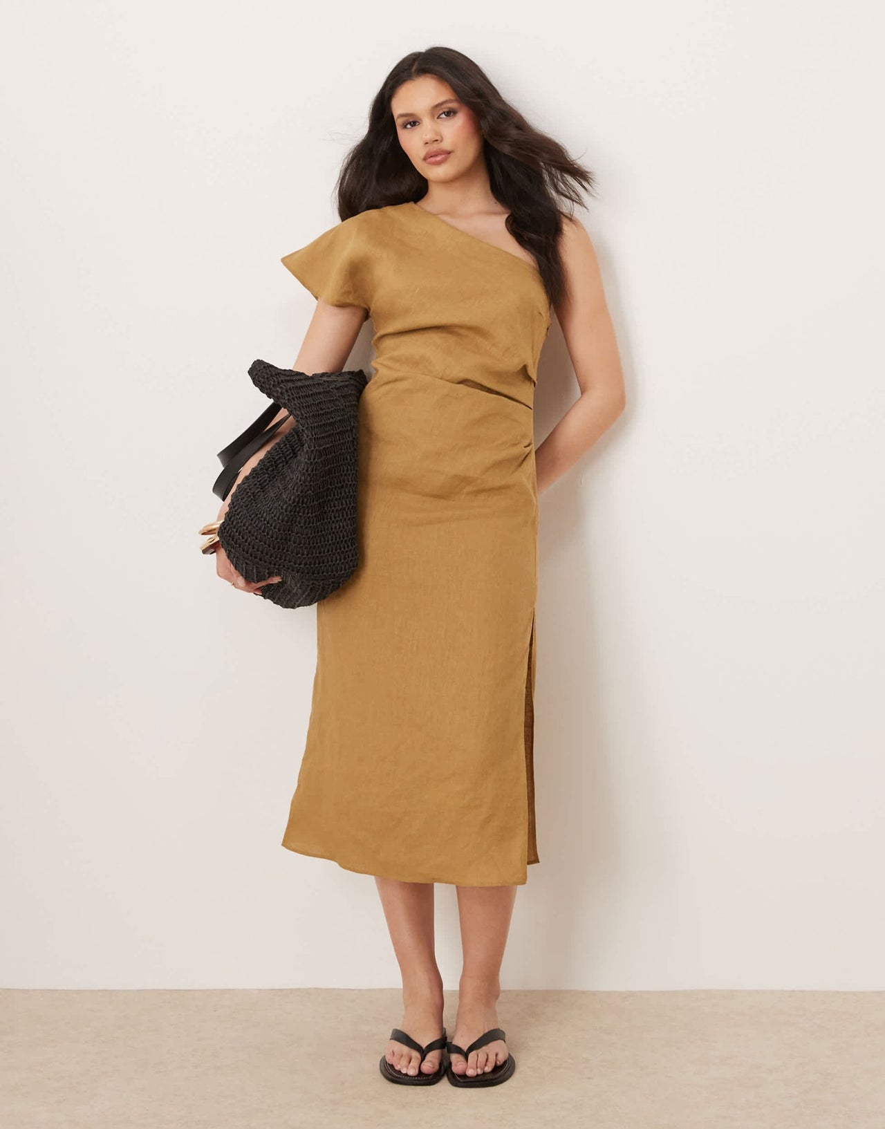 Mango 100% linen one shoulder midi dress with ruched waist in sand - ASOS Sample Sale