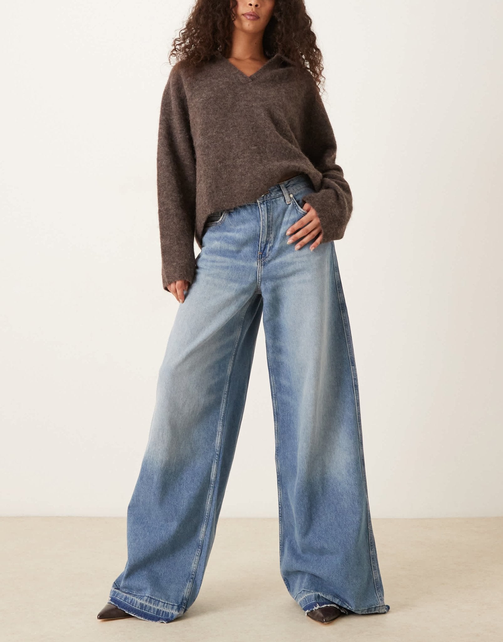 Mango Aba wide leg contrast hem jeans in blue - ASOS Sample Sale