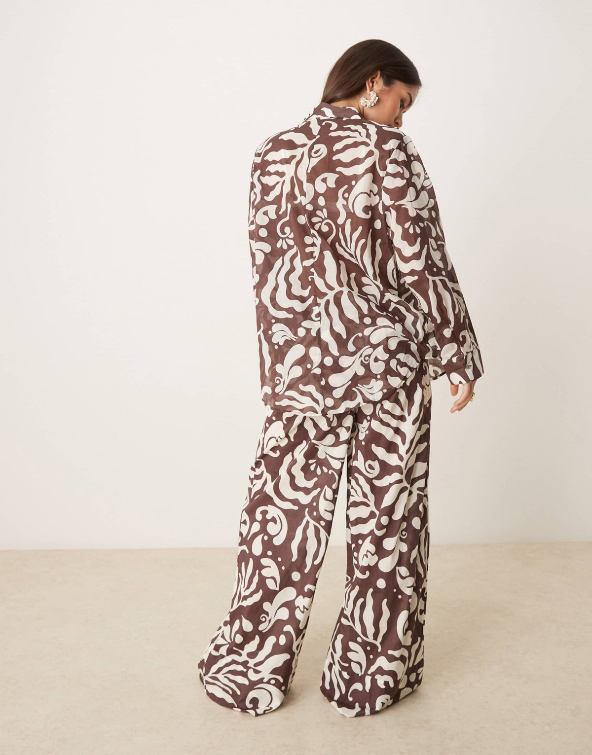 Mango abstract botanical print tie waist wide leg trouser co-ord in brown - ASOS Sample Sale