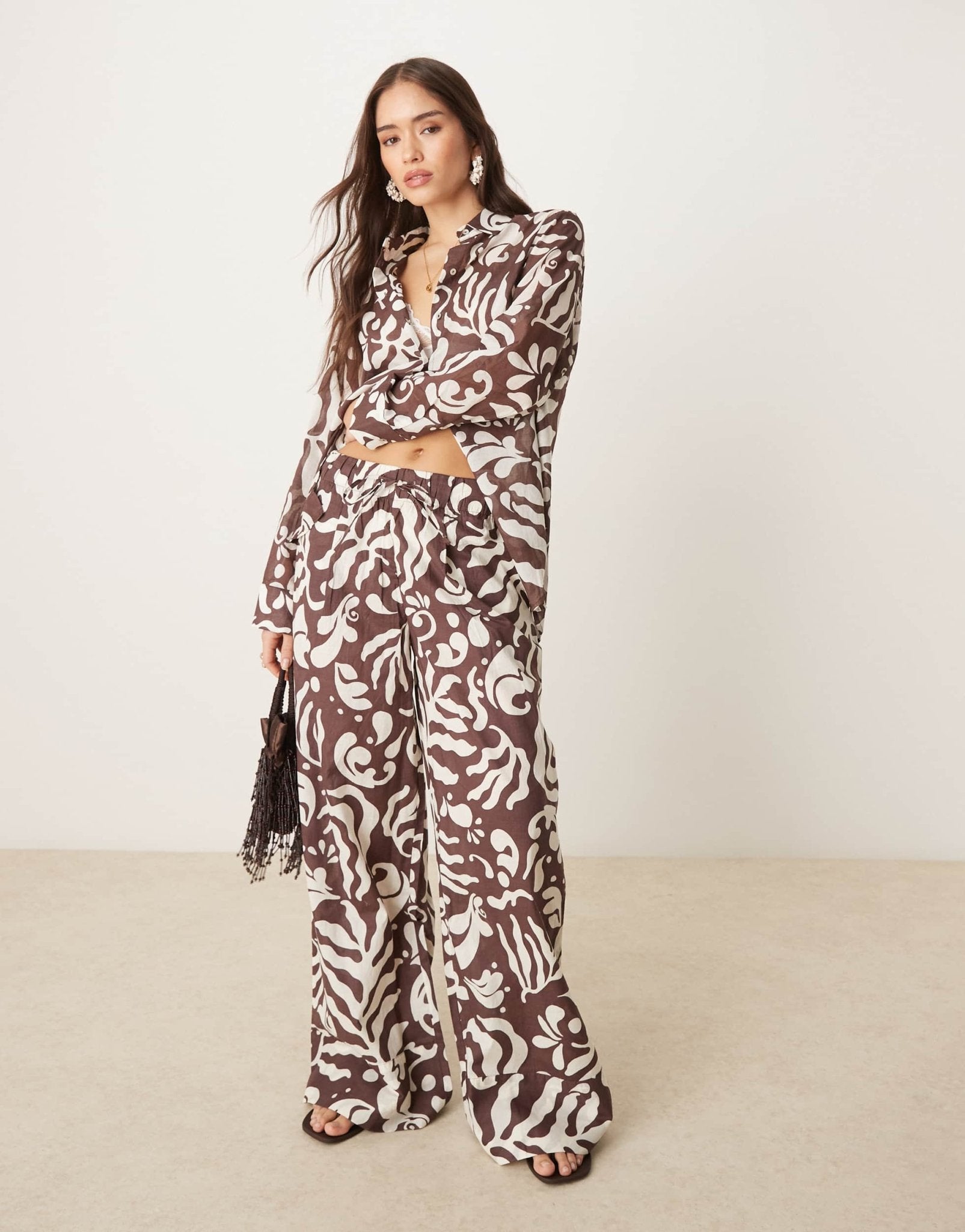 Mango abstract botanical print tie waist wide leg trouser co-ord in brown - ASOS Sample Sale
