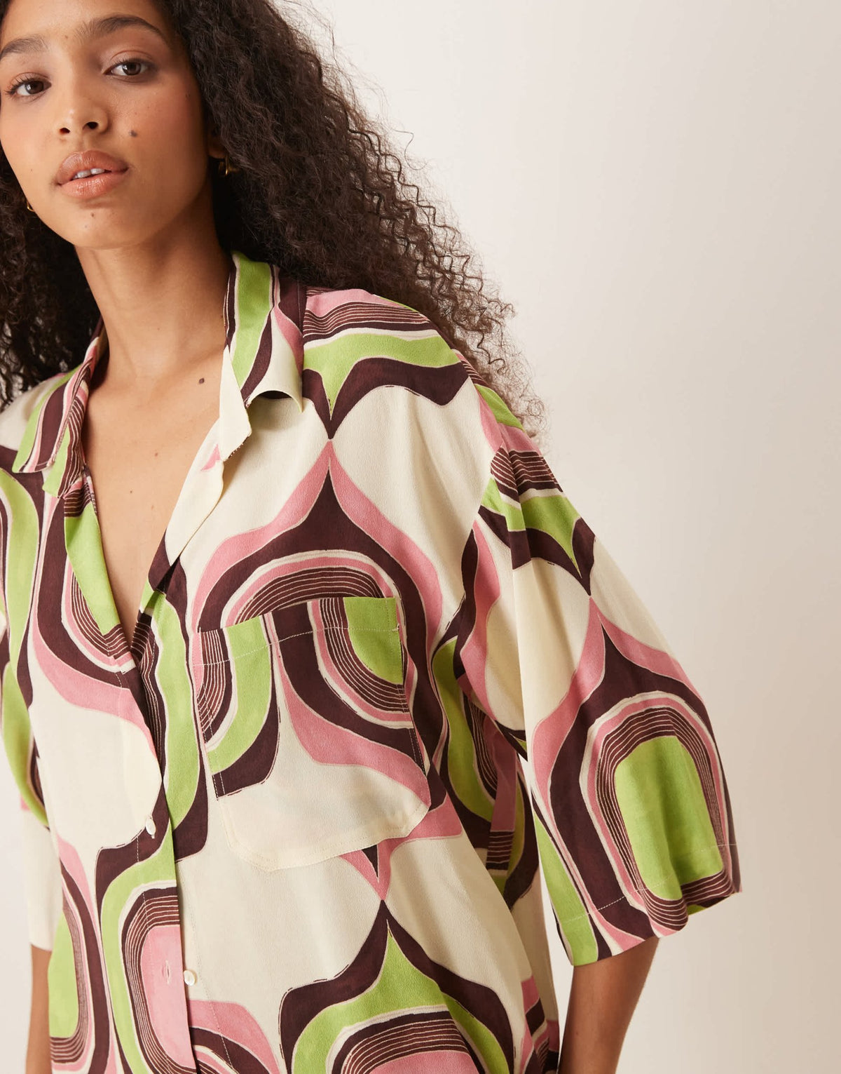 Mango abstract retro geometric print boxy fit shirt co-ord in beige - ASOS Sample Sale