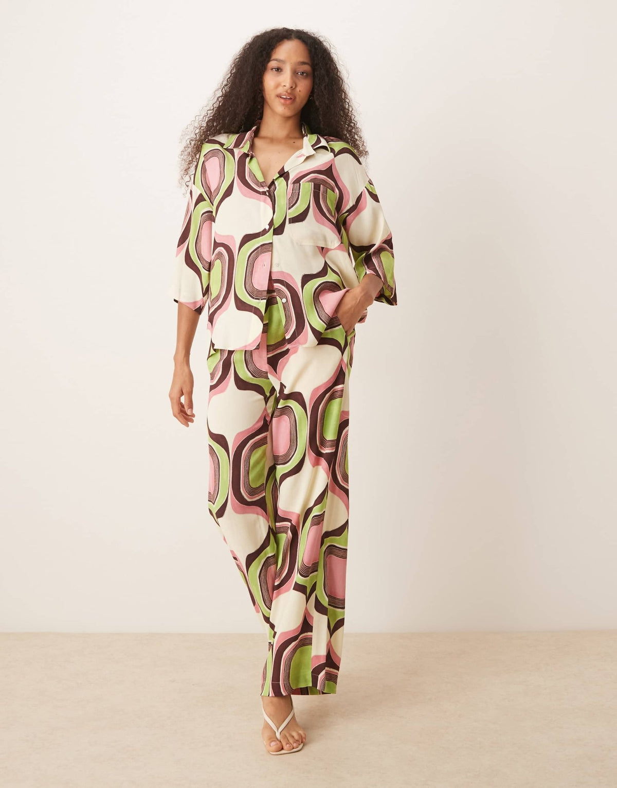 Mango abstract retro geometric print boxy fit shirt co-ord in beige - ASOS Sample Sale