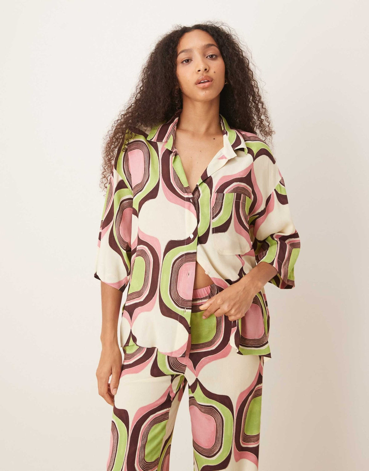 Mango abstract retro geometric print boxy fit shirt co-ord in beige - ASOS Sample Sale