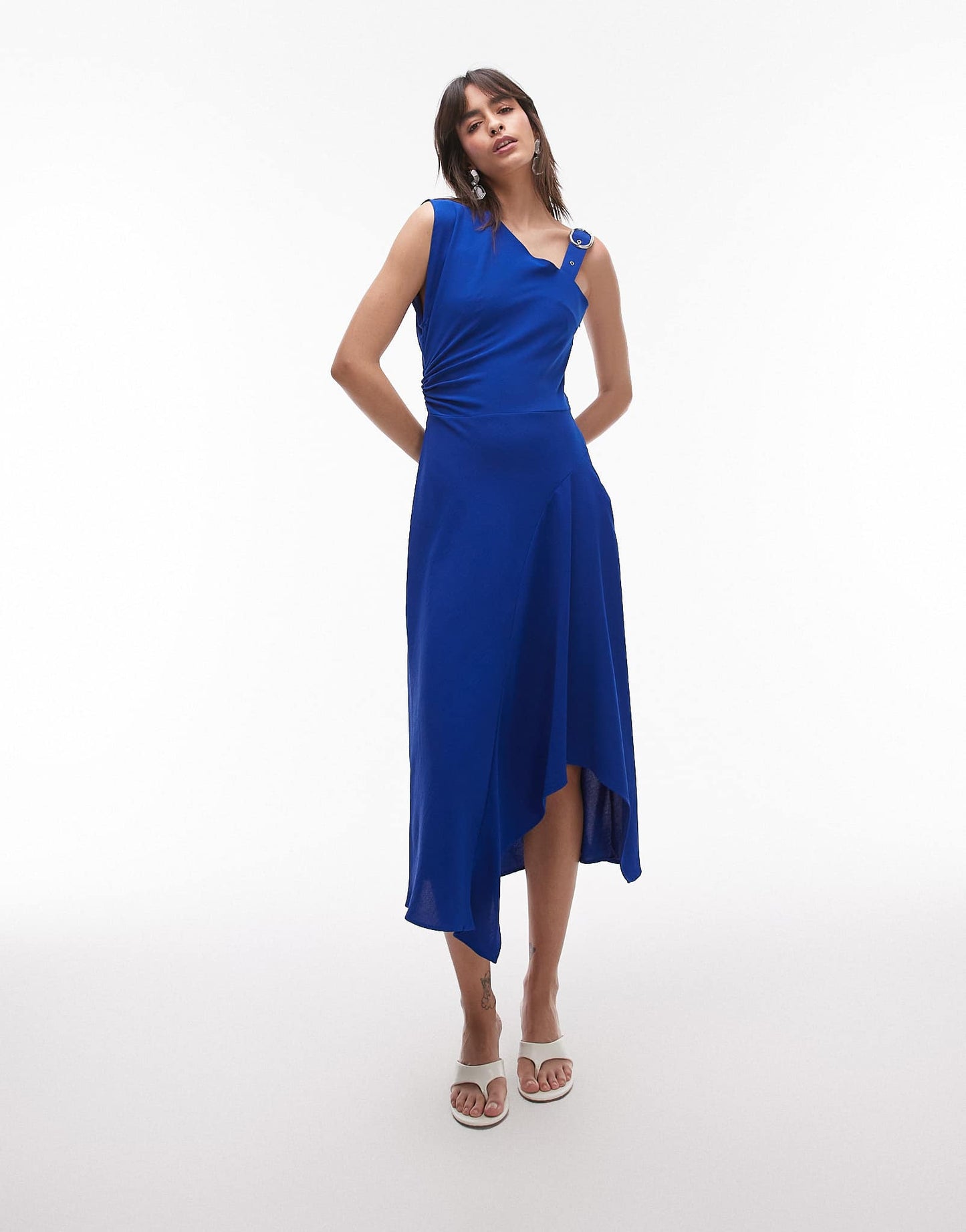 Mango asymetric midaxi dress with buckle detail shoulder in blue - ASOS Sample Sale