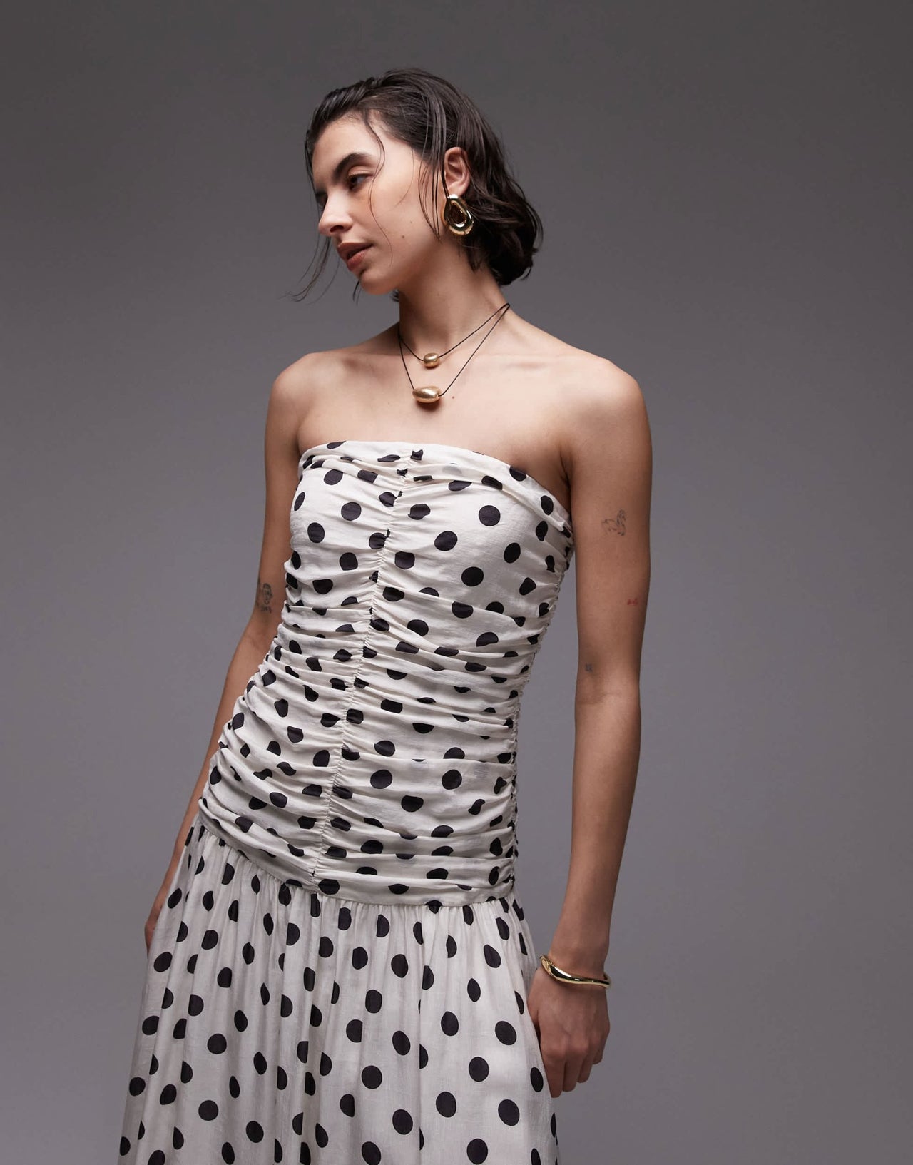 Mango bandeau maxi dress with dropped waist and ruched bodice in mono polka dot print - ASOS Sample Sale