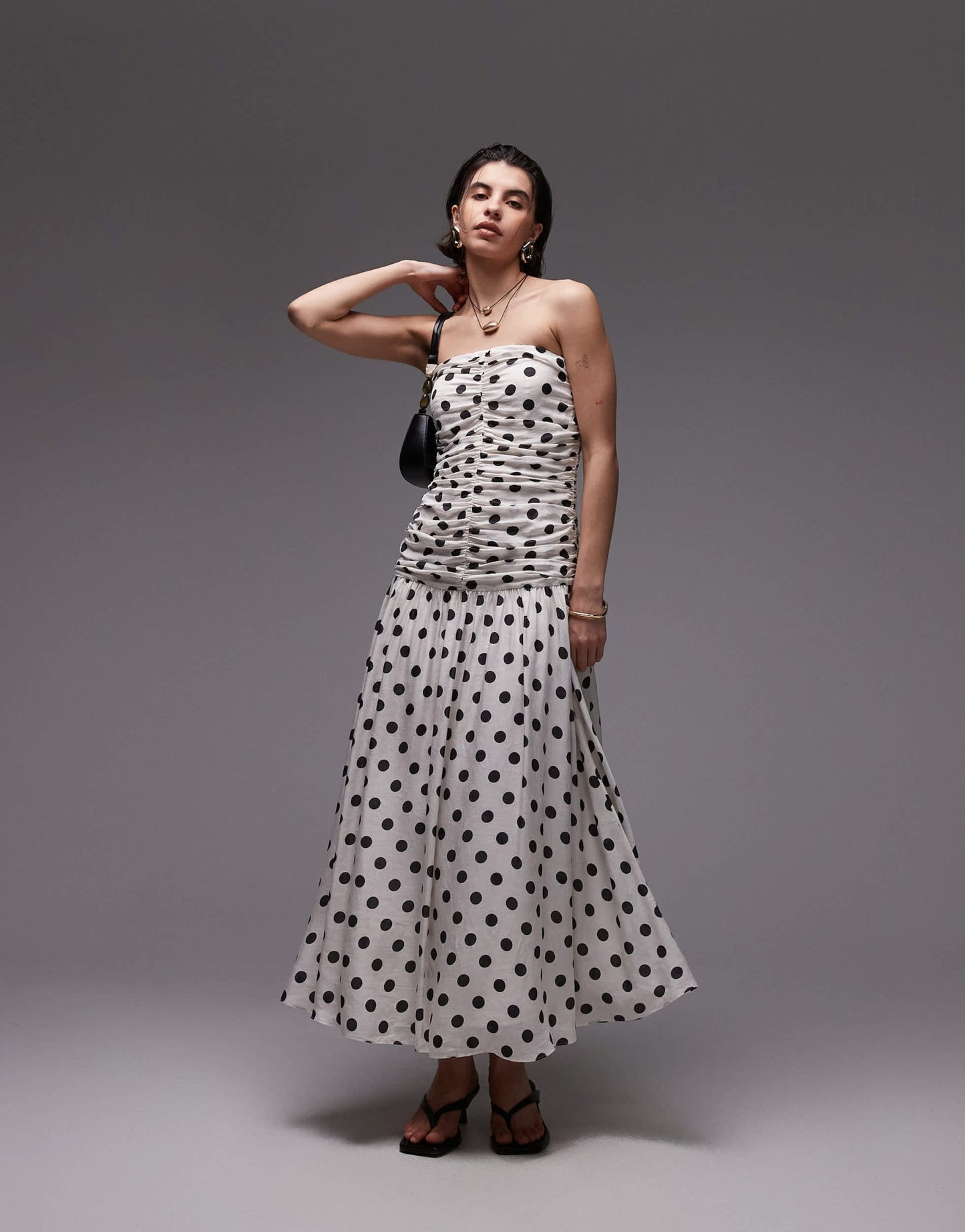 Mango bandeau maxi dress with dropped waist and ruched bodice in mono polka dot print - ASOS Sample Sale