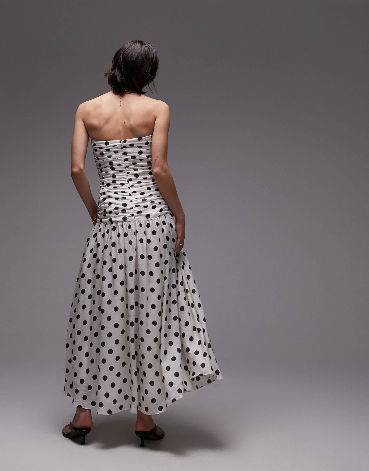 Mango bandeau maxi dress with dropped waist and ruched bodice in mono polka dot print - ASOS Sample Sale