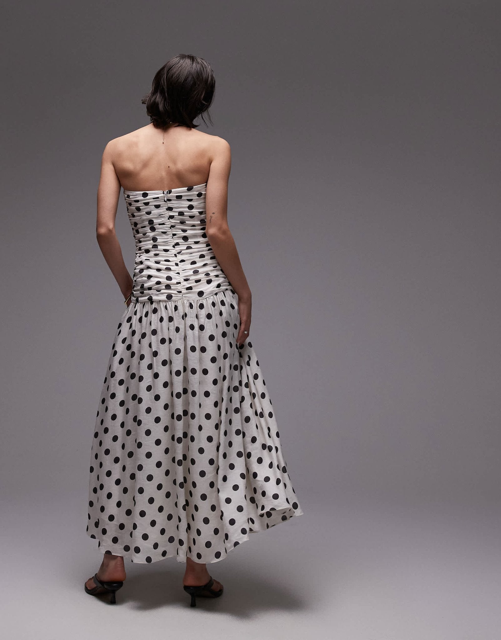 Mango bandeau maxi dress with dropped waist and ruched bodice in mono polka dot print - ASOS Sample Sale