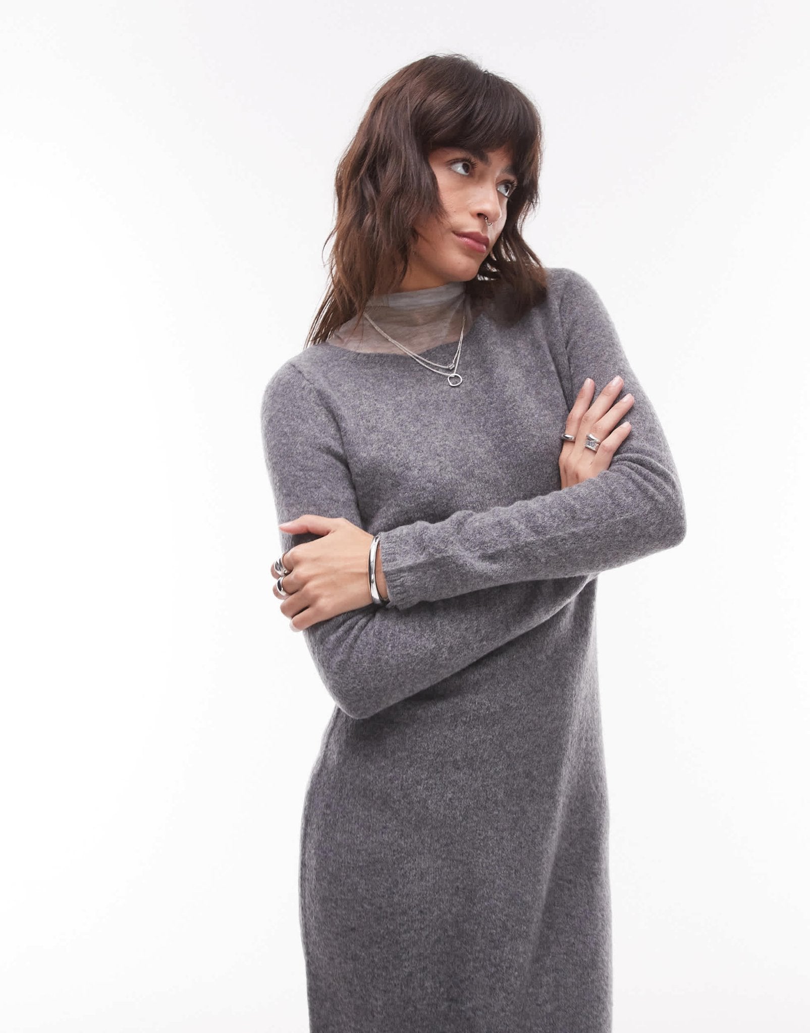 Mango boat neck light weight midi dress in grey - ASOS Sample Sale