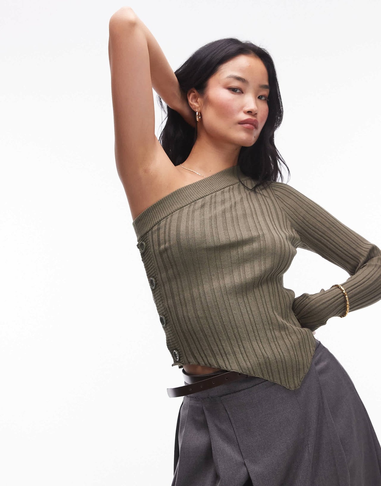 Mango button side one shoulder jumper in khaki - ASOS Sample Sale