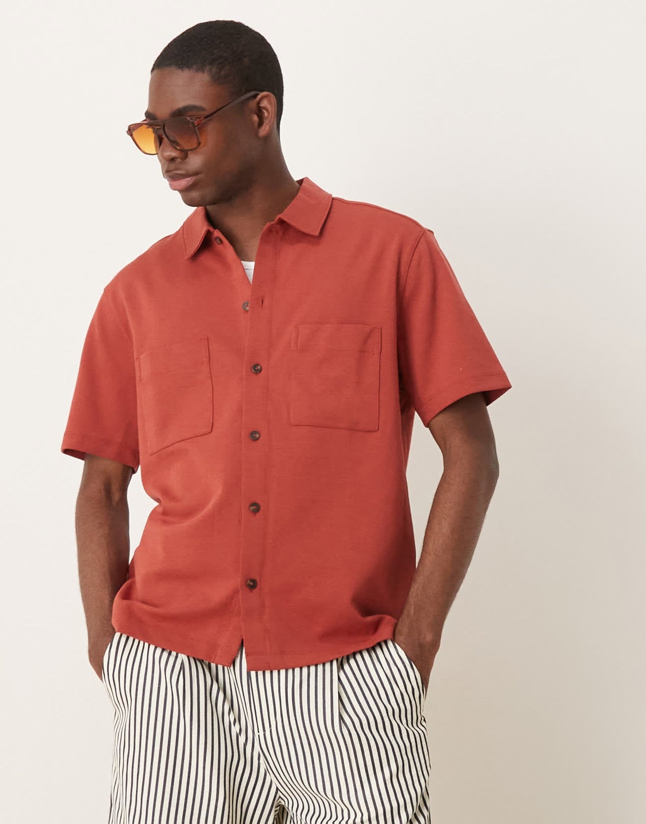 Mango button up jersey polo shirt in rust - ASOS Sample Sale