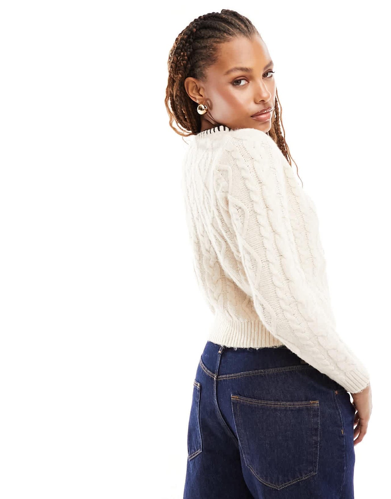 Mango cable knit jumper with stitch neckline in white - ASOS Sample Sale