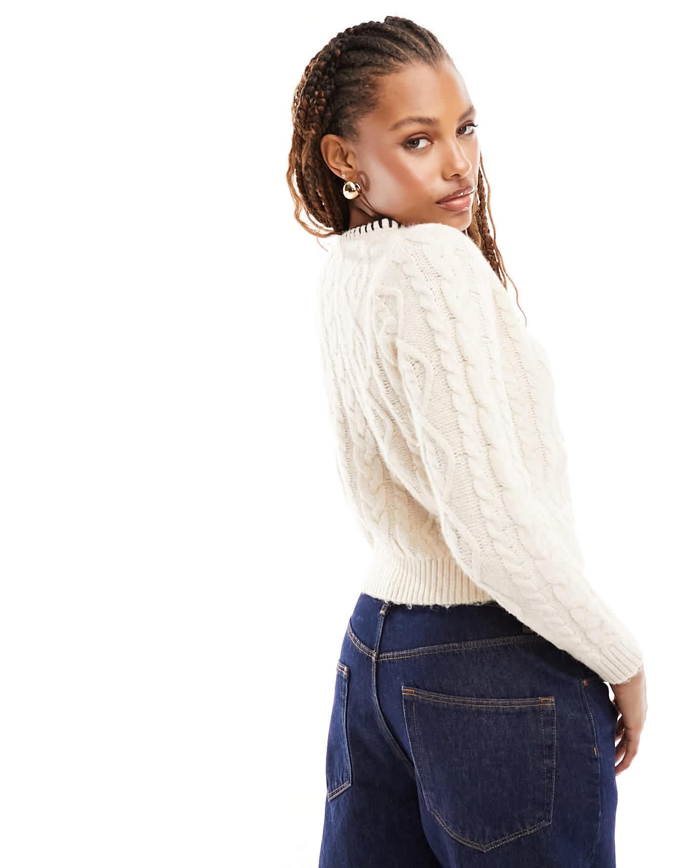 Mango cable knit jumper with stitch neckline in white - ASOS Sample Sale