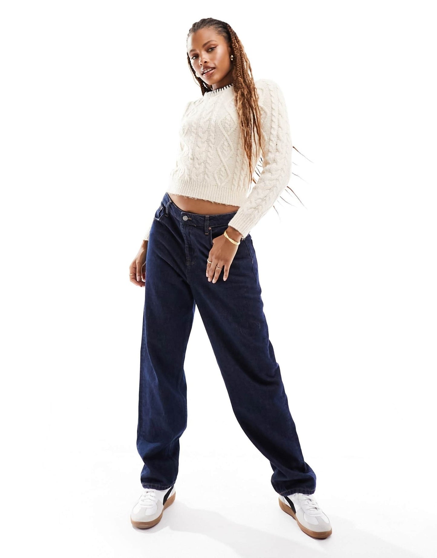 Mango cable knit jumper with stitch neckline in white - ASOS Sample Sale