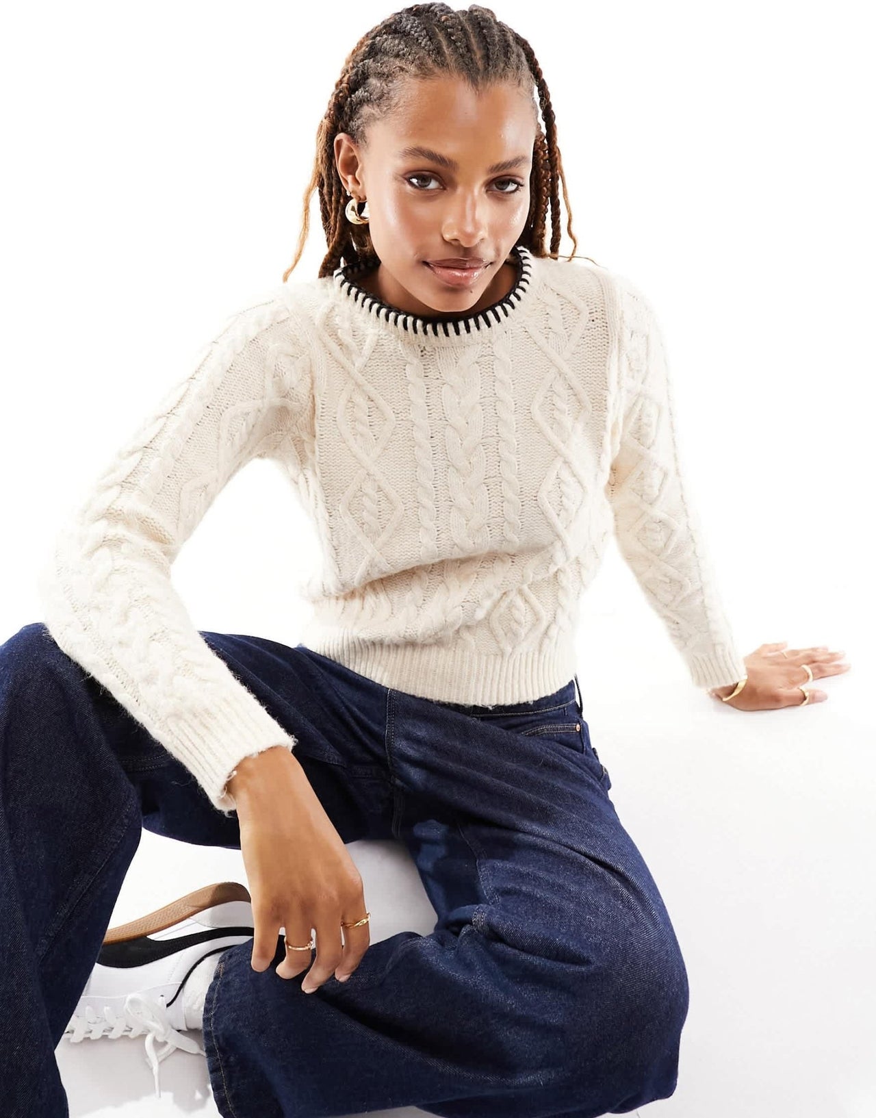Mango cable knit jumper with stitch neckline in white - ASOS Sample Sale