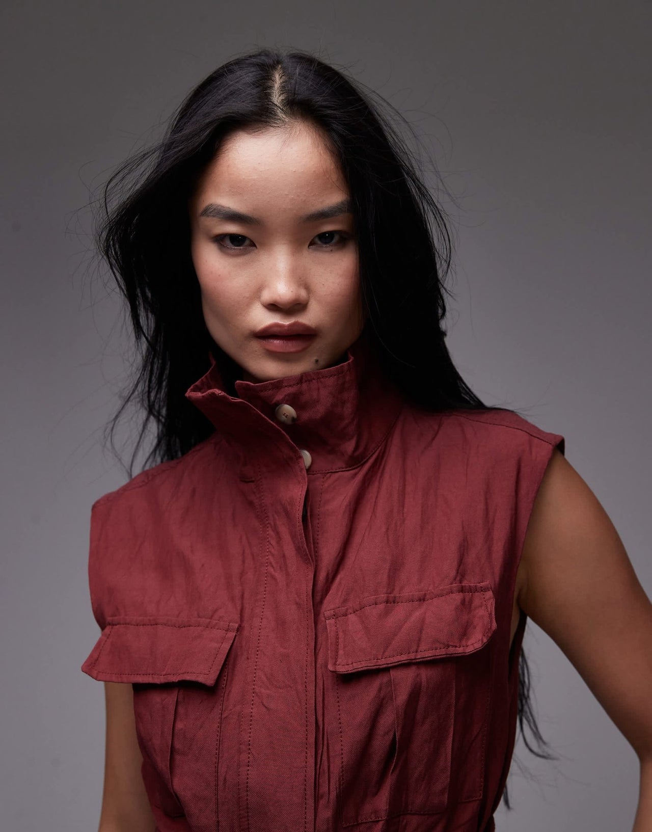 Mango capsule crushed texture longline sleeveless shirt in dark red - ASOS Sample Sale