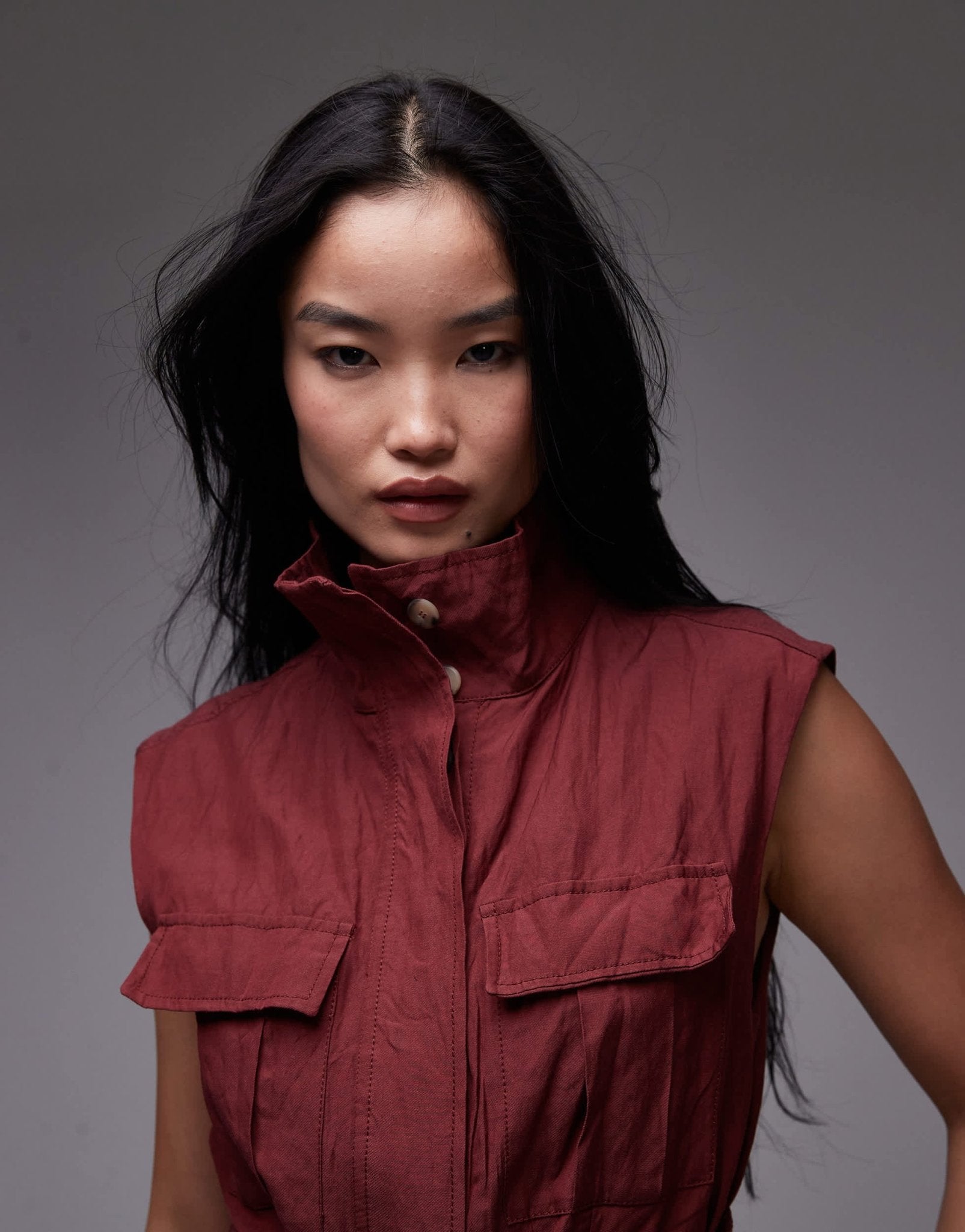 Mango capsule crushed texture longline sleeveless shirt in dark red - ASOS Sample Sale