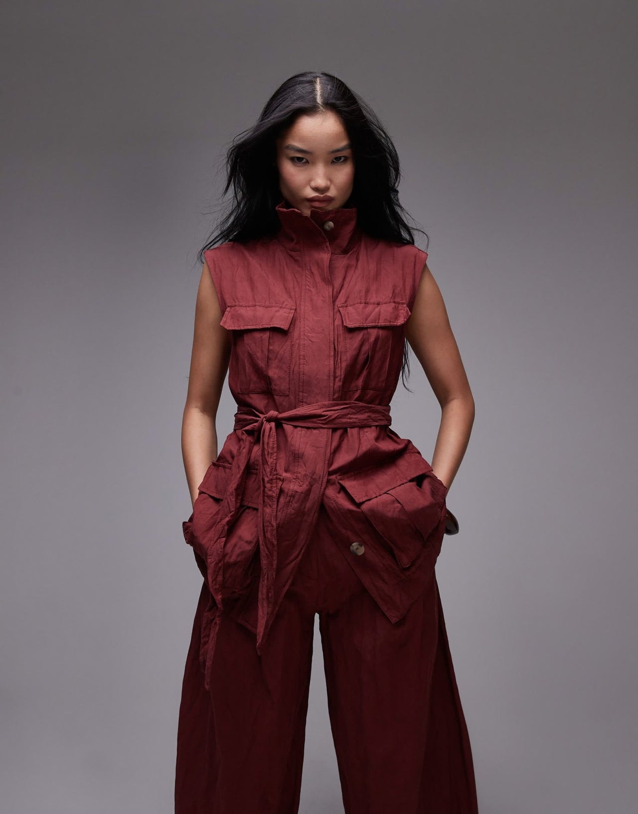 Mango capsule crushed texture longline sleeveless shirt in dark red - ASOS Sample Sale
