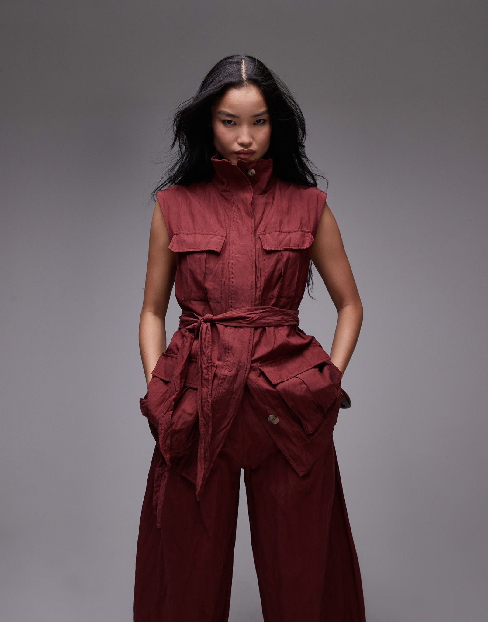 Mango capsule crushed texture longline sleeveless shirt in dark red - ASOS Sample Sale