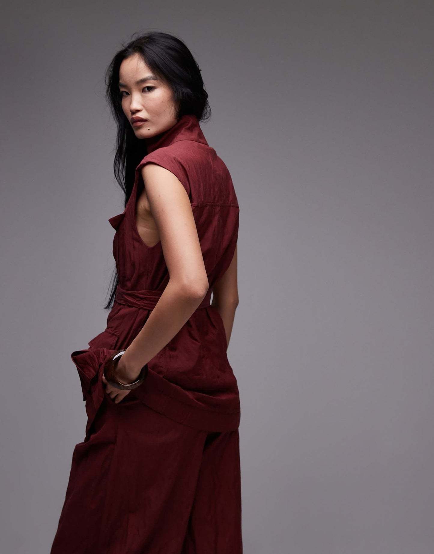 Mango capsule crushed texture longline sleeveless shirt in dark red - ASOS Sample Sale