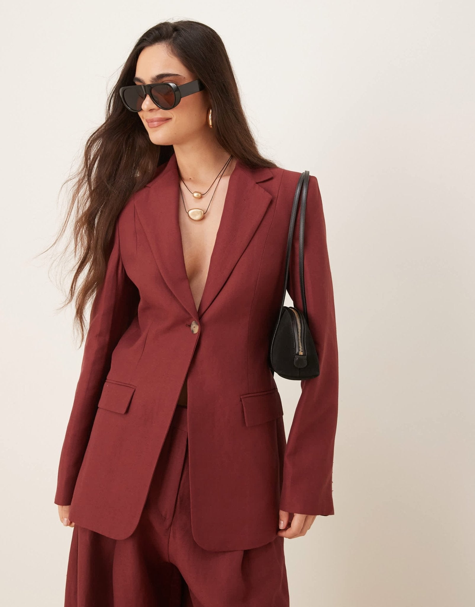 Mango capsule linen mix over sized blazer co-ord in wine - ASOS Sample Sale