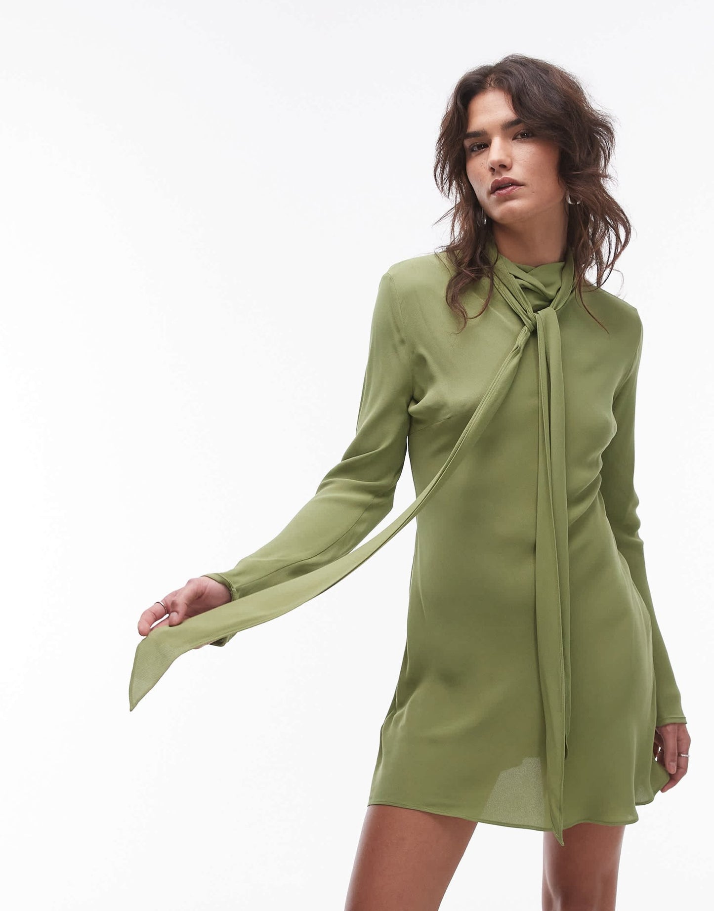 Mango Capsule neck tie mini dress with sleeve detail in green - ASOS Sample Sale
