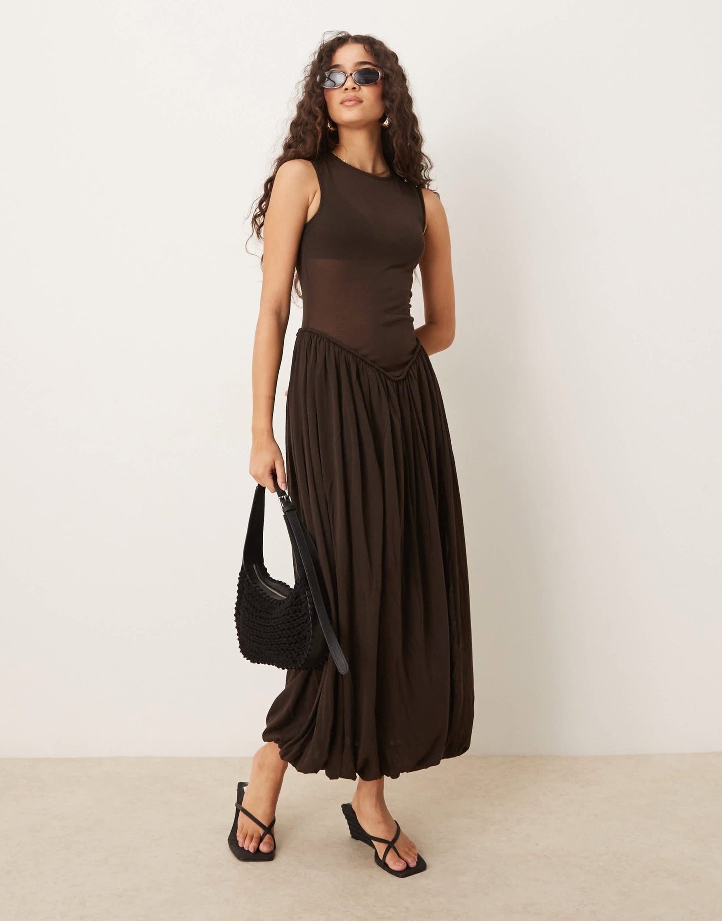 Mango capsule rami dropped waist crinkle midi dress in chocolate - ASOS Sample Sale