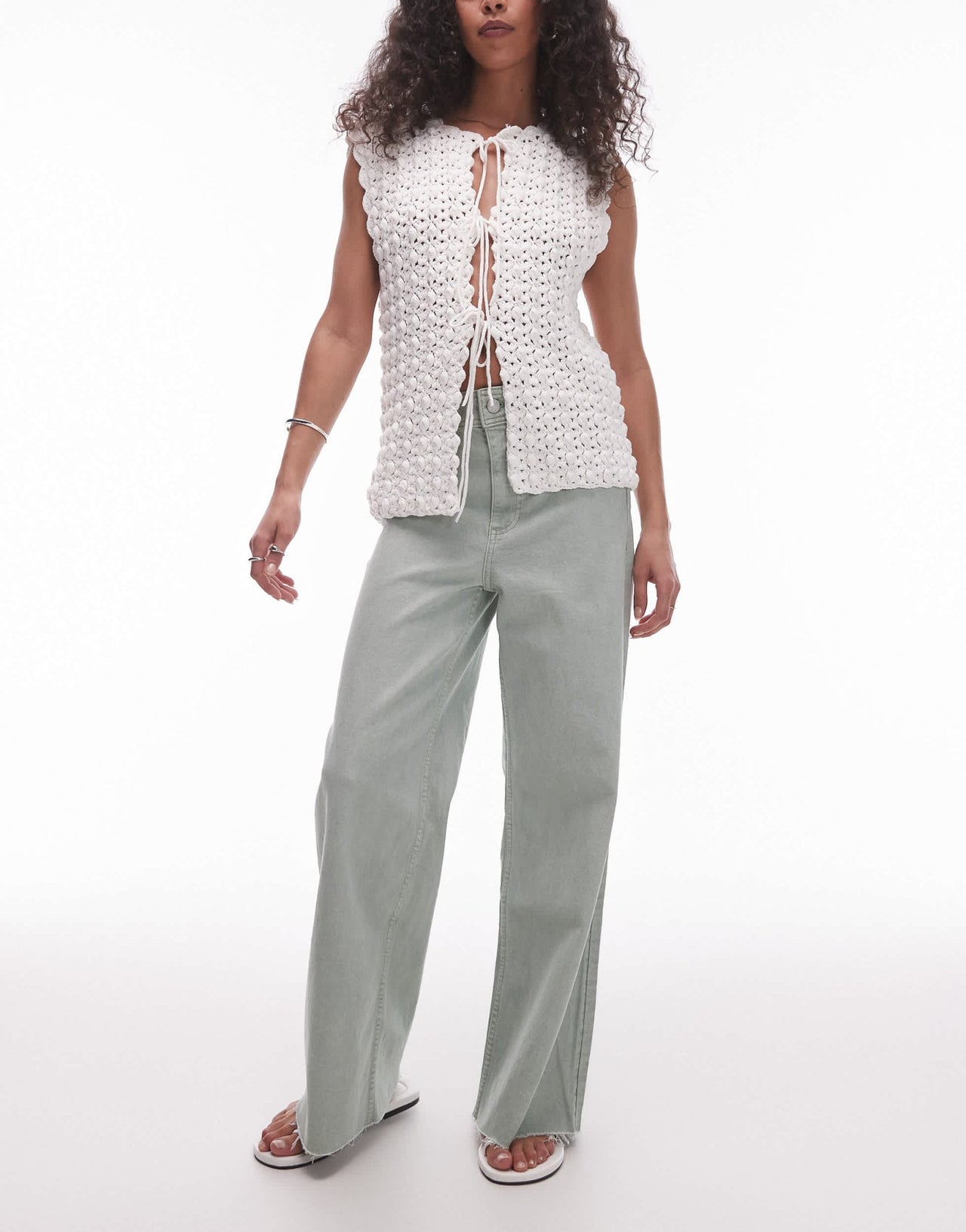 Mango Catherin wide leg jeans in sage green - ASOS Sample Sale