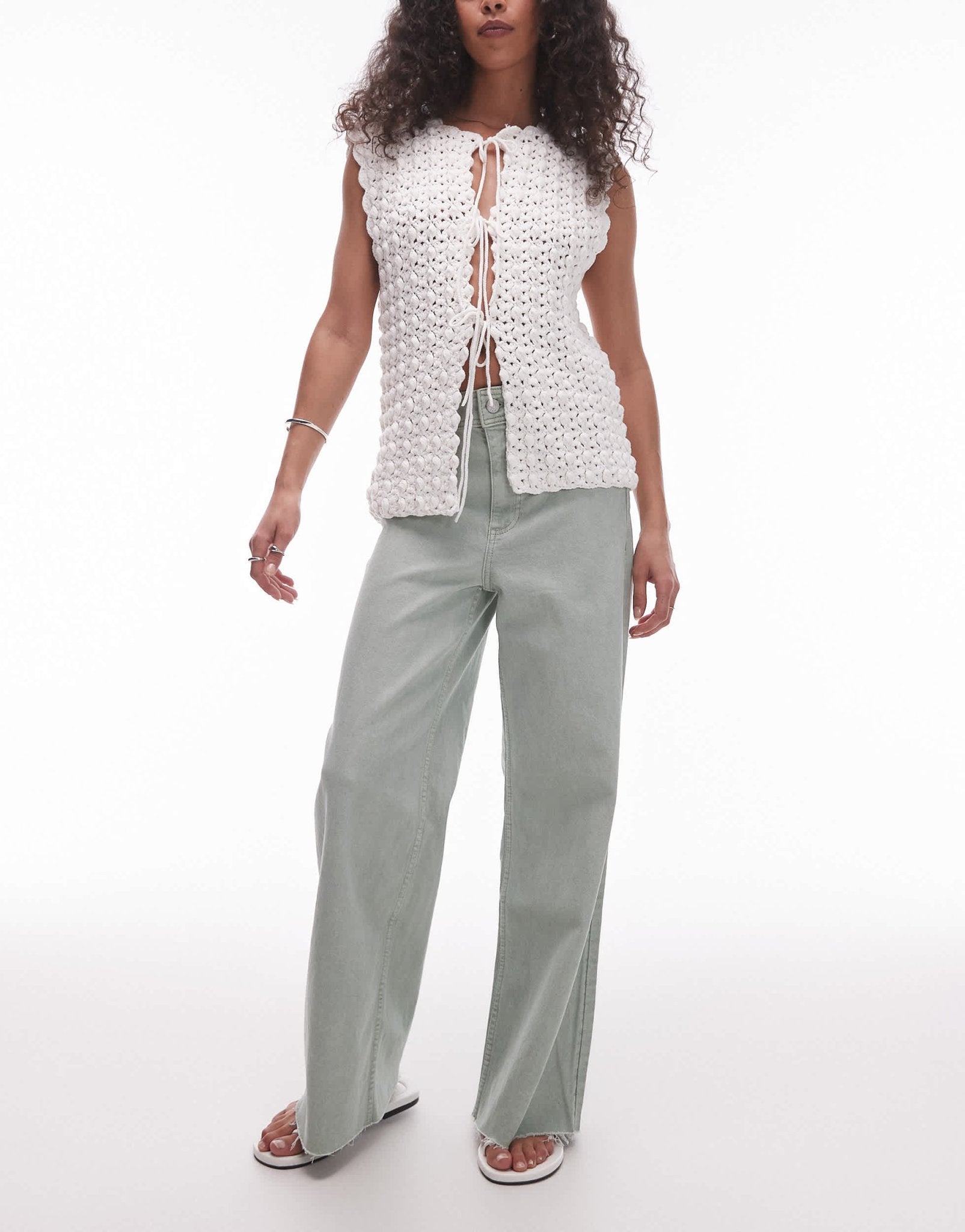 Mango Catherin wide leg jeans in sage green - ASOS Sample Sale