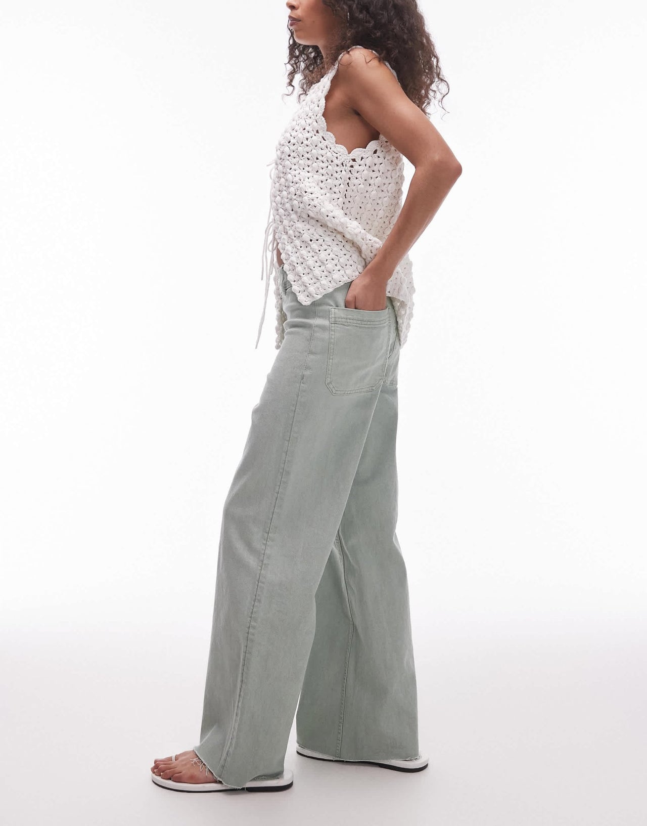 Mango Catherin wide leg jeans in sage green - ASOS Sample Sale