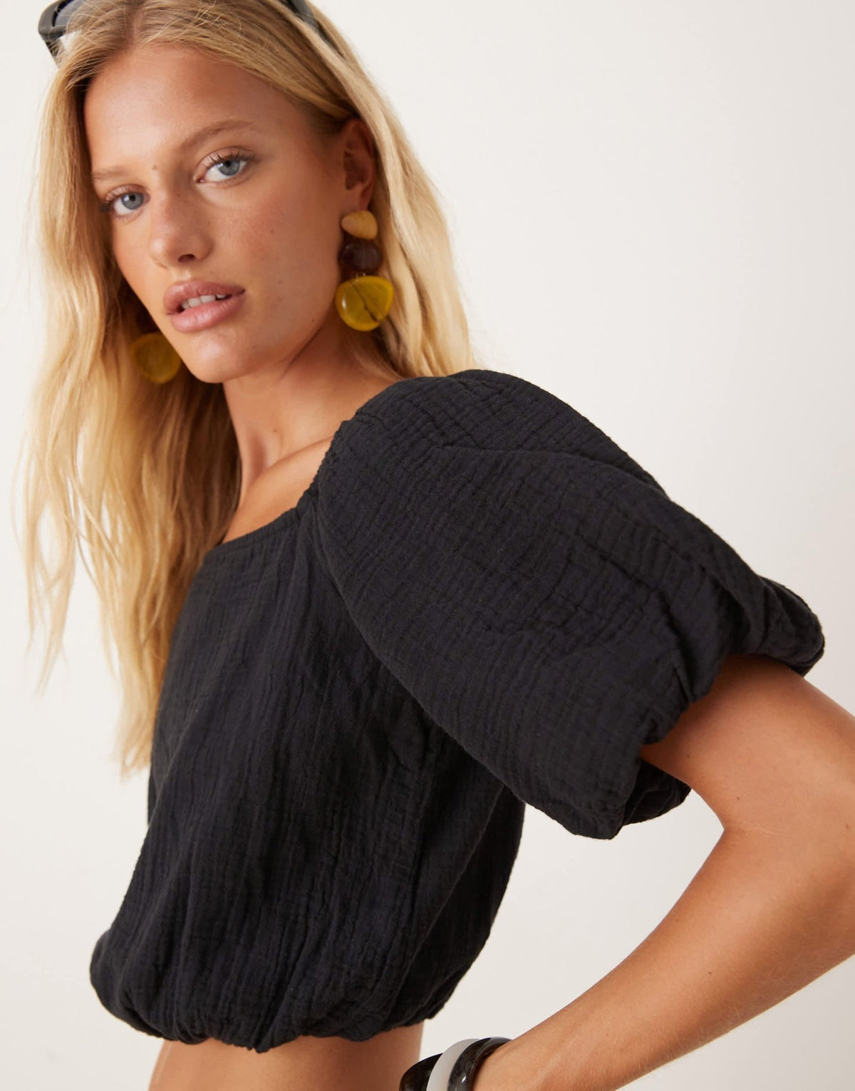Mango cheescloth off shoulder co-ord top in black - ASOS Sample Sale