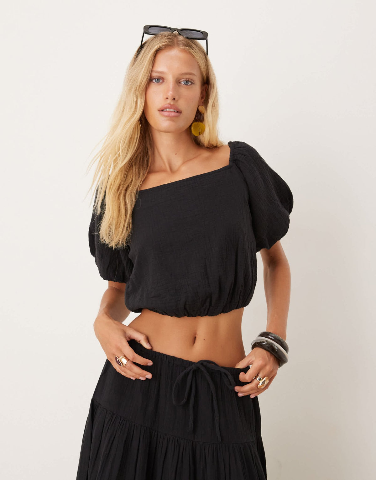 Mango cheescloth off shoulder co-ord top in black - ASOS Sample Sale