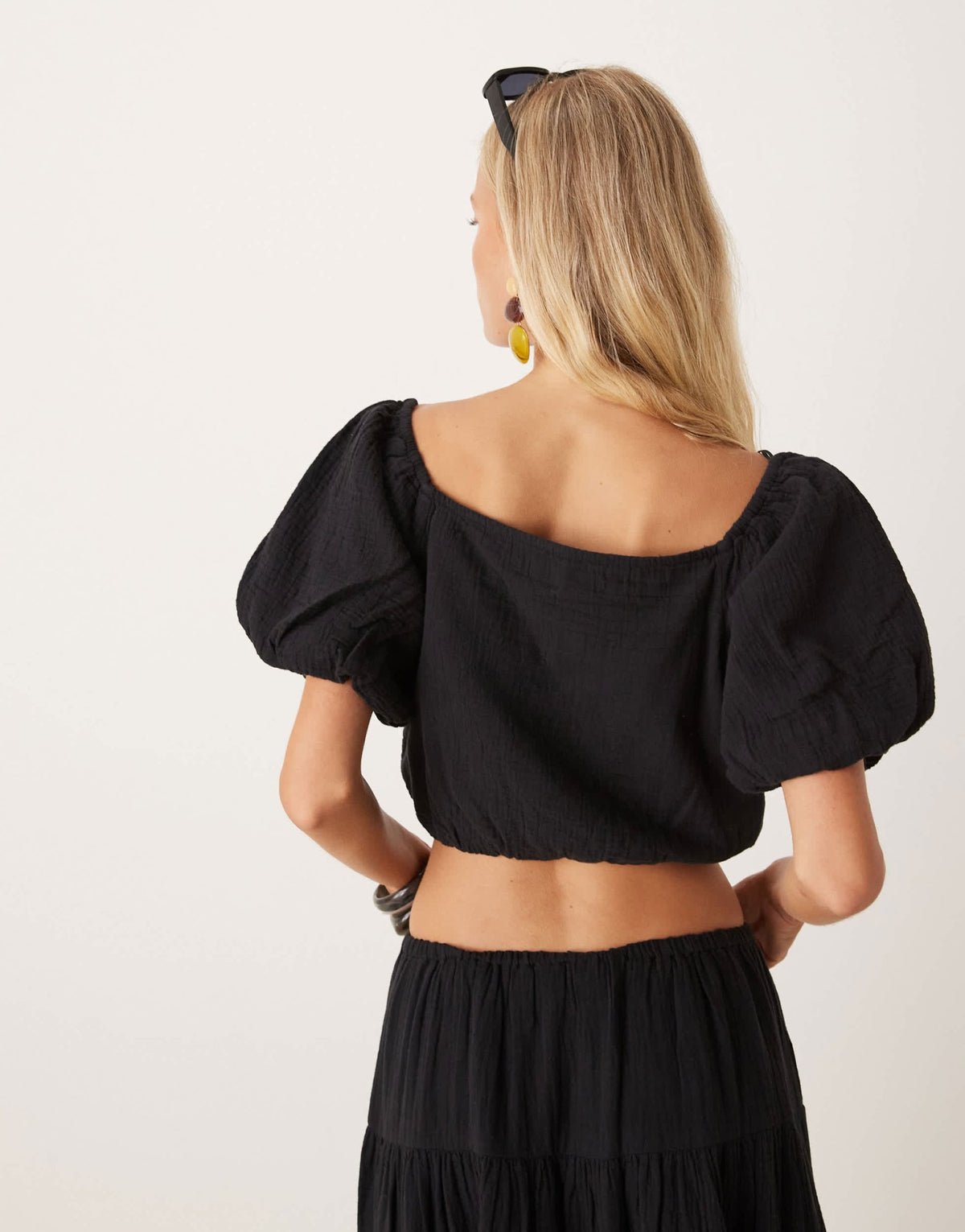 Mango cheescloth off shoulder co-ord top in black - ASOS Sample Sale