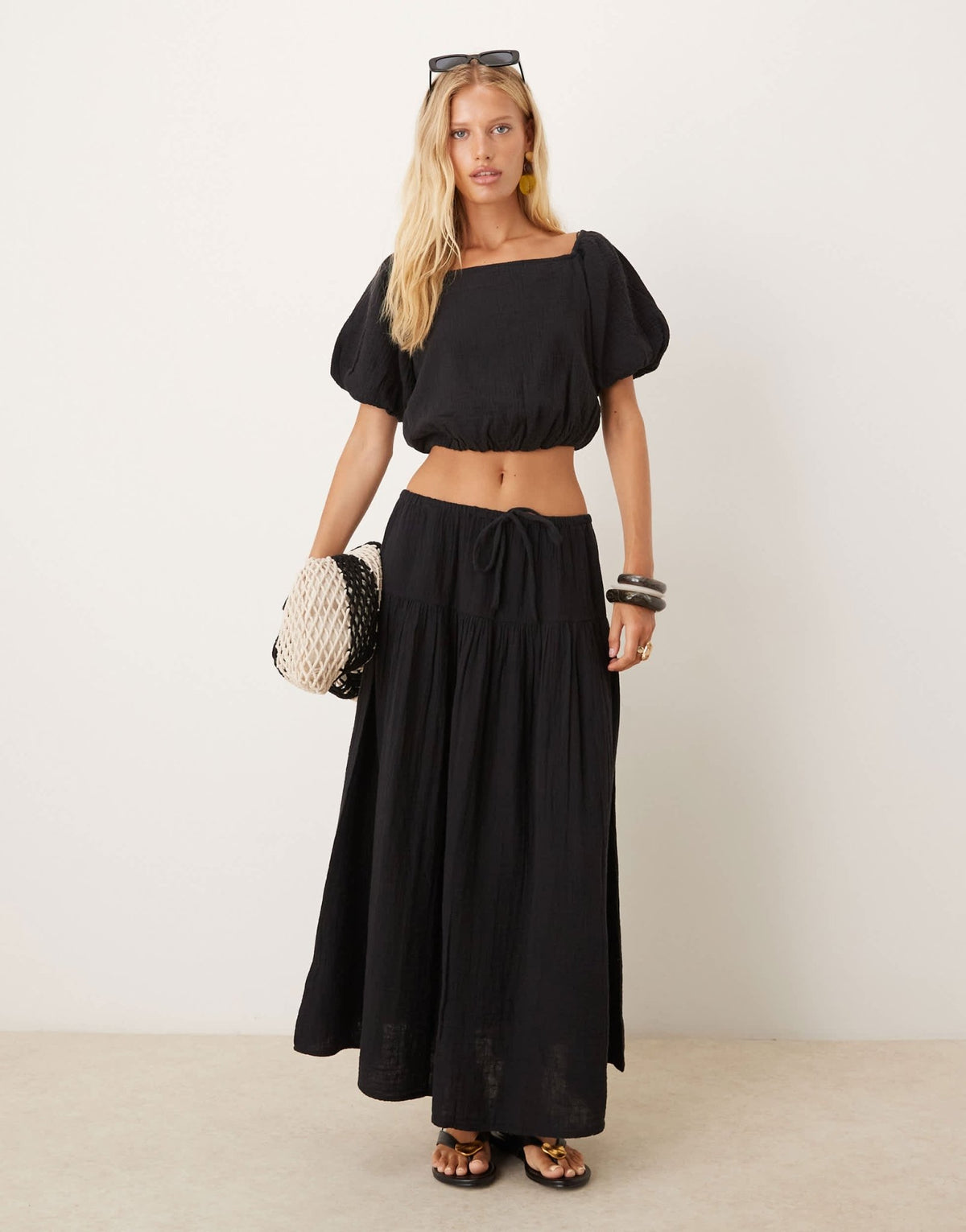 Mango cheescloth off shoulder co-ord top in black - ASOS Sample Sale