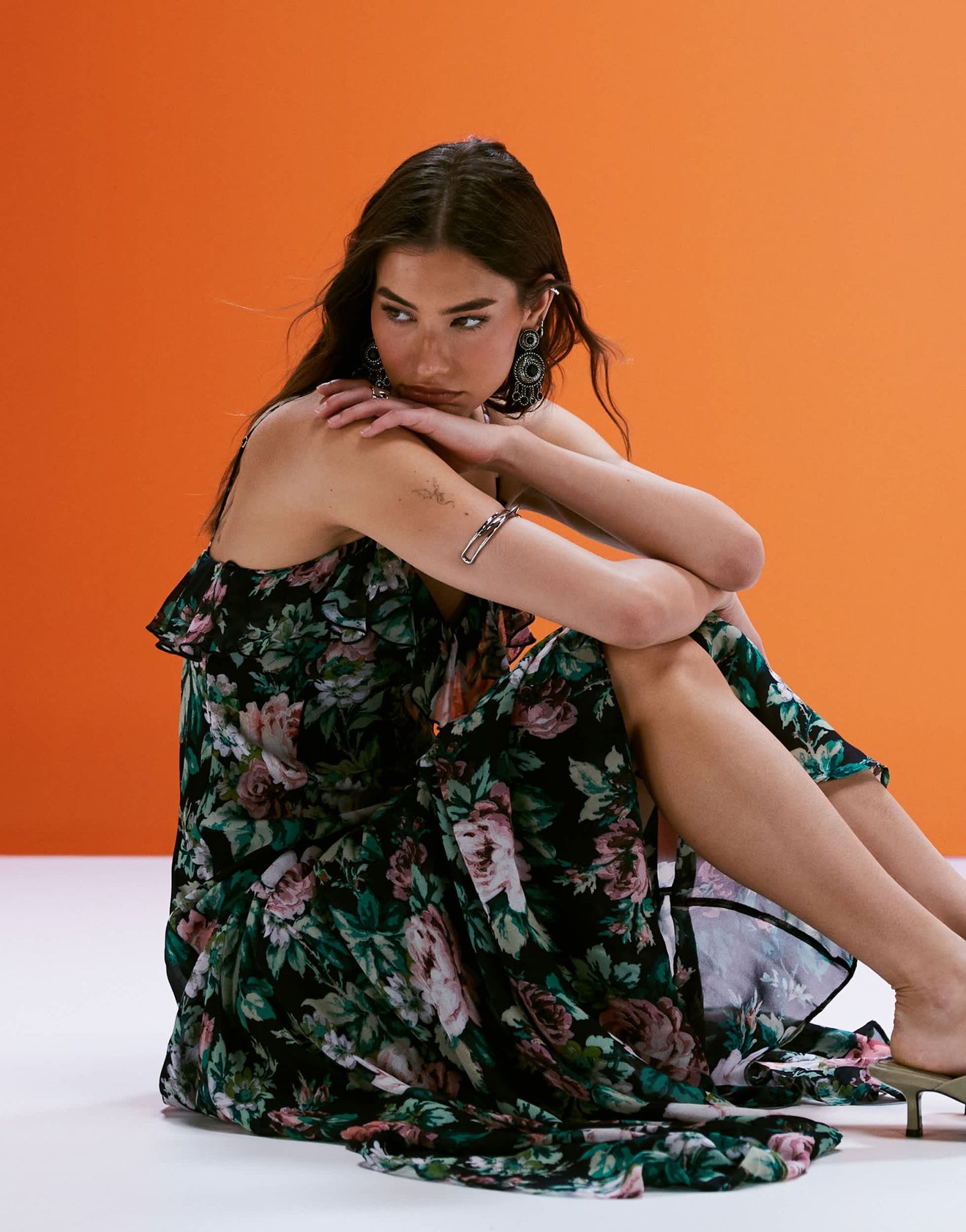 Mango chiffon ruffle maxi dress in deep floral print - ASOS Sample Sale