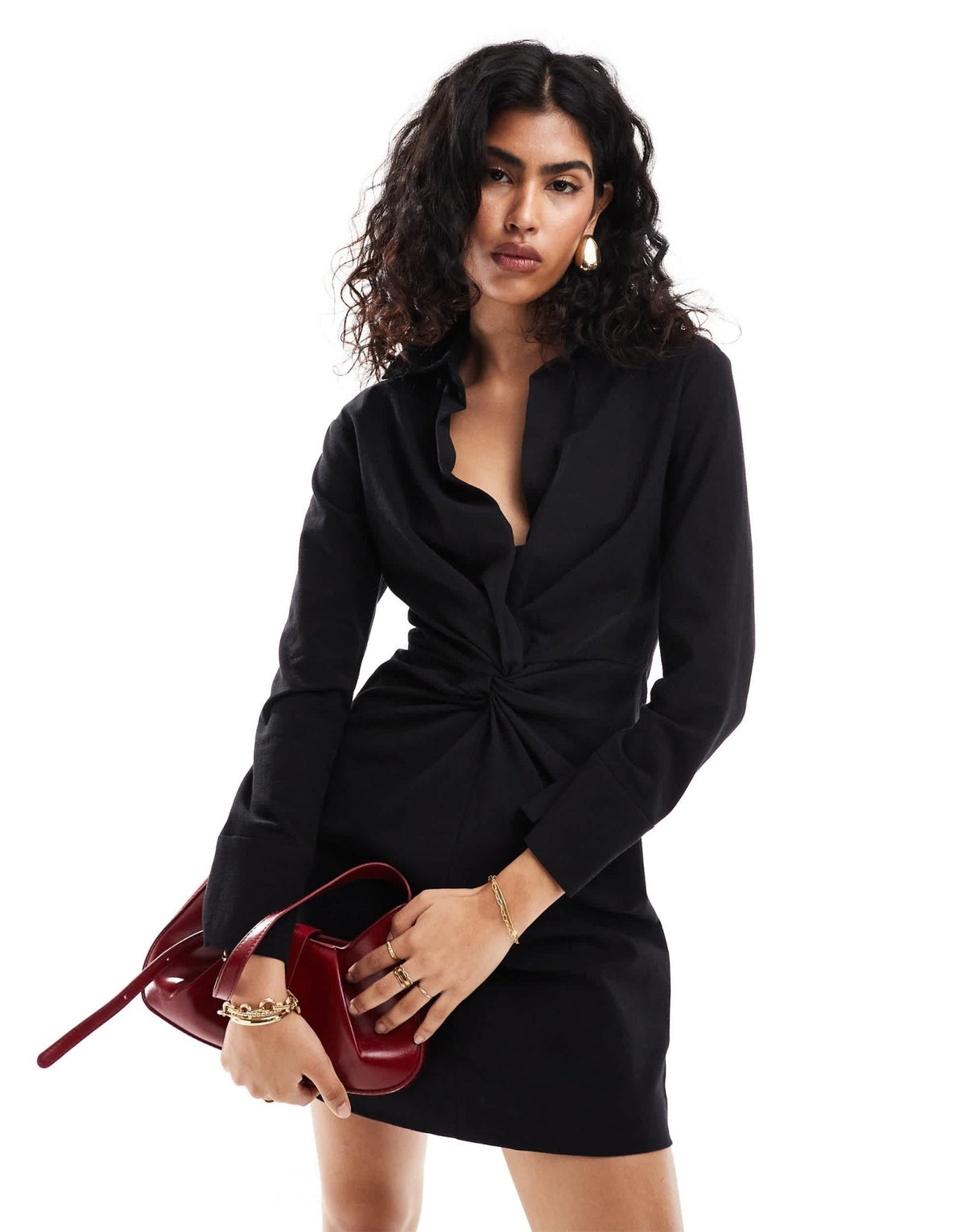 Mango cinched waist long sleeve dress in black - ASOS Sample Sale