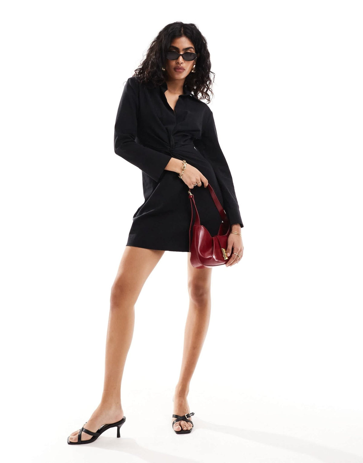 Mango cinched waist long sleeve dress in black - ASOS Sample Sale