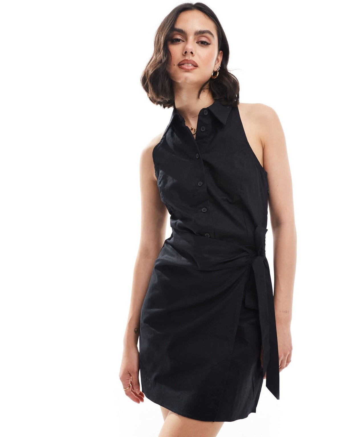 Mango cinched waist sleevess mini dress in black - ASOS Sample Sale