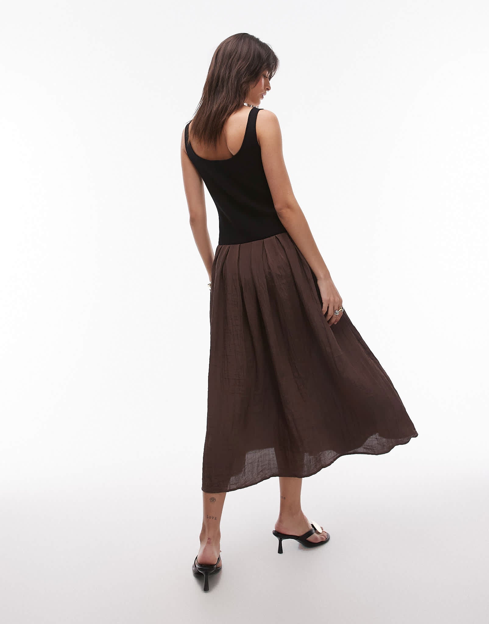 Mango contrast drop waist pleated dress in dark brown - ASOS Sample Sale