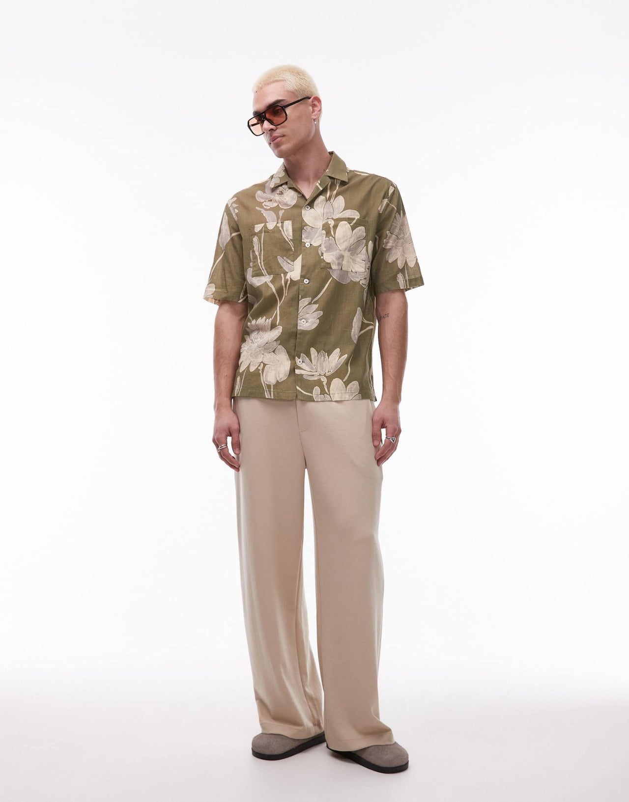 Mango cotton floral print short sleeve shirt in light green - ASOS Sample Sale