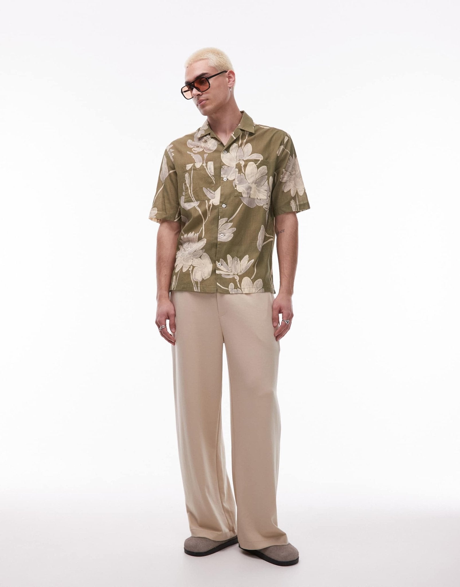 Mango cotton floral print short sleeve shirt in light green - ASOS Sample Sale