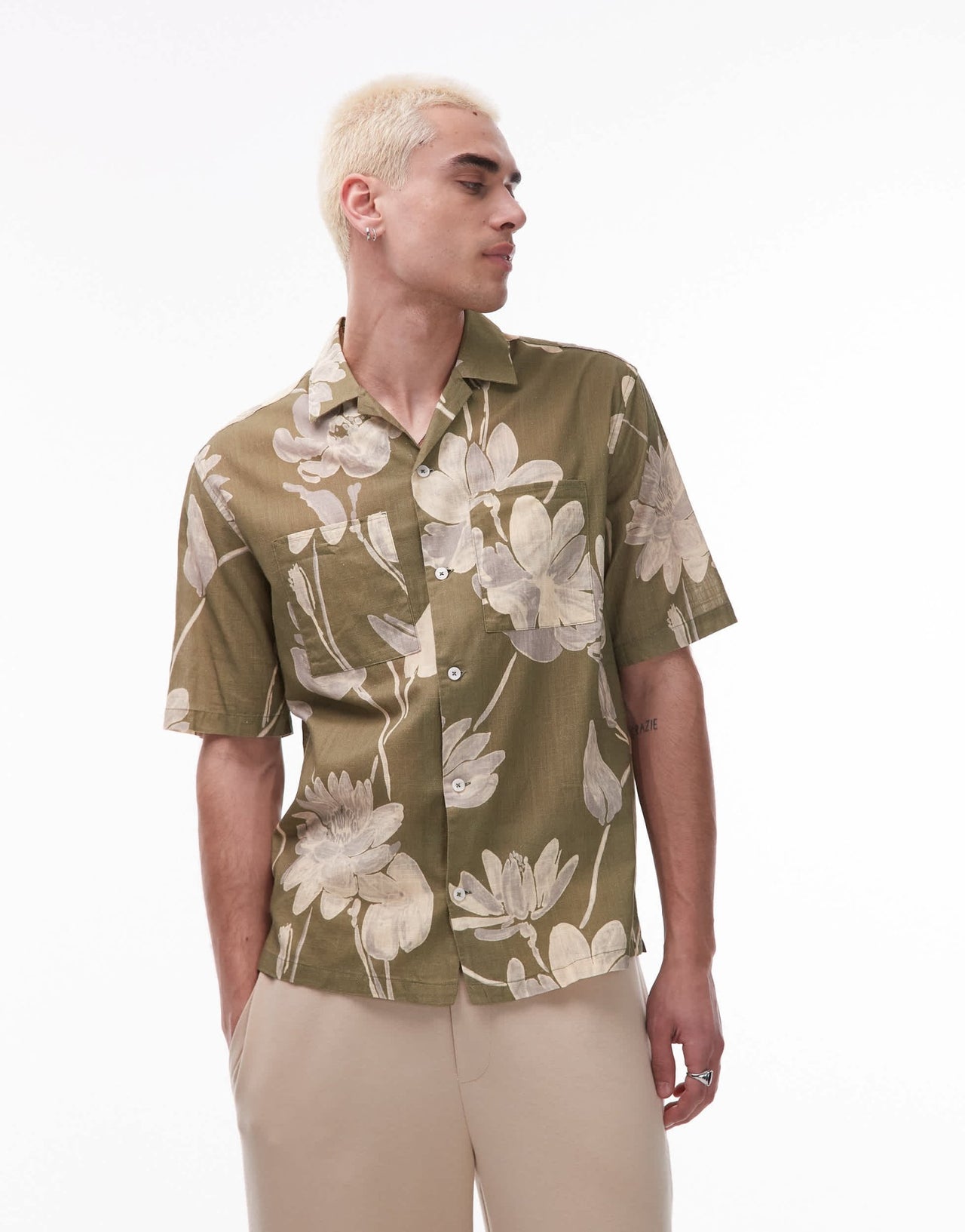 Mango cotton floral print short sleeve shirt in light green - ASOS Sample Sale