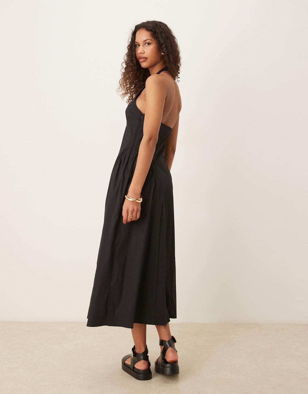 Mango cotton halter neck drop waist midaxi dress with structured bodice in black - ASOS Sample Sale