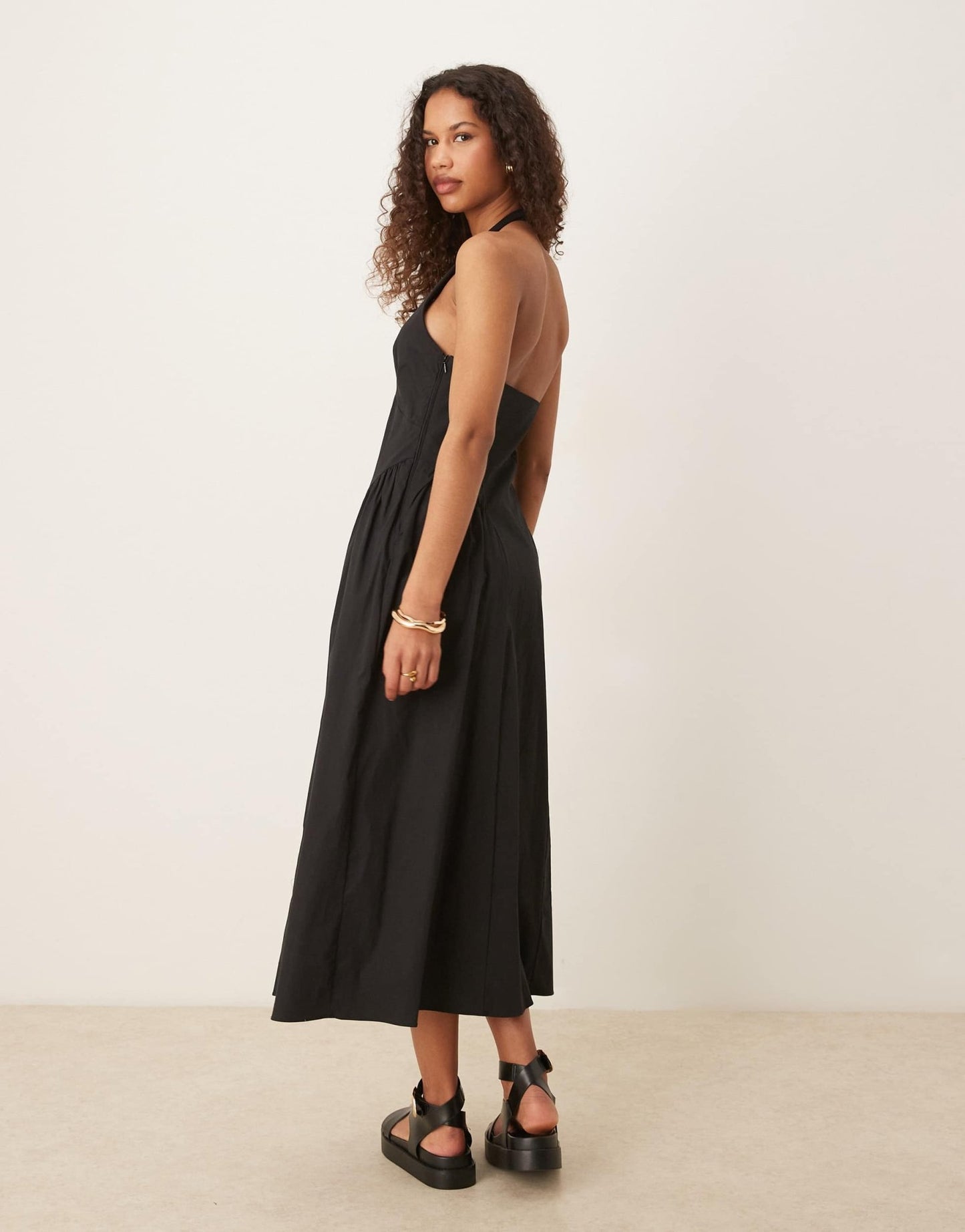 Mango cotton halter neck drop waist midaxi dress with structured bodice in black - ASOS Sample Sale