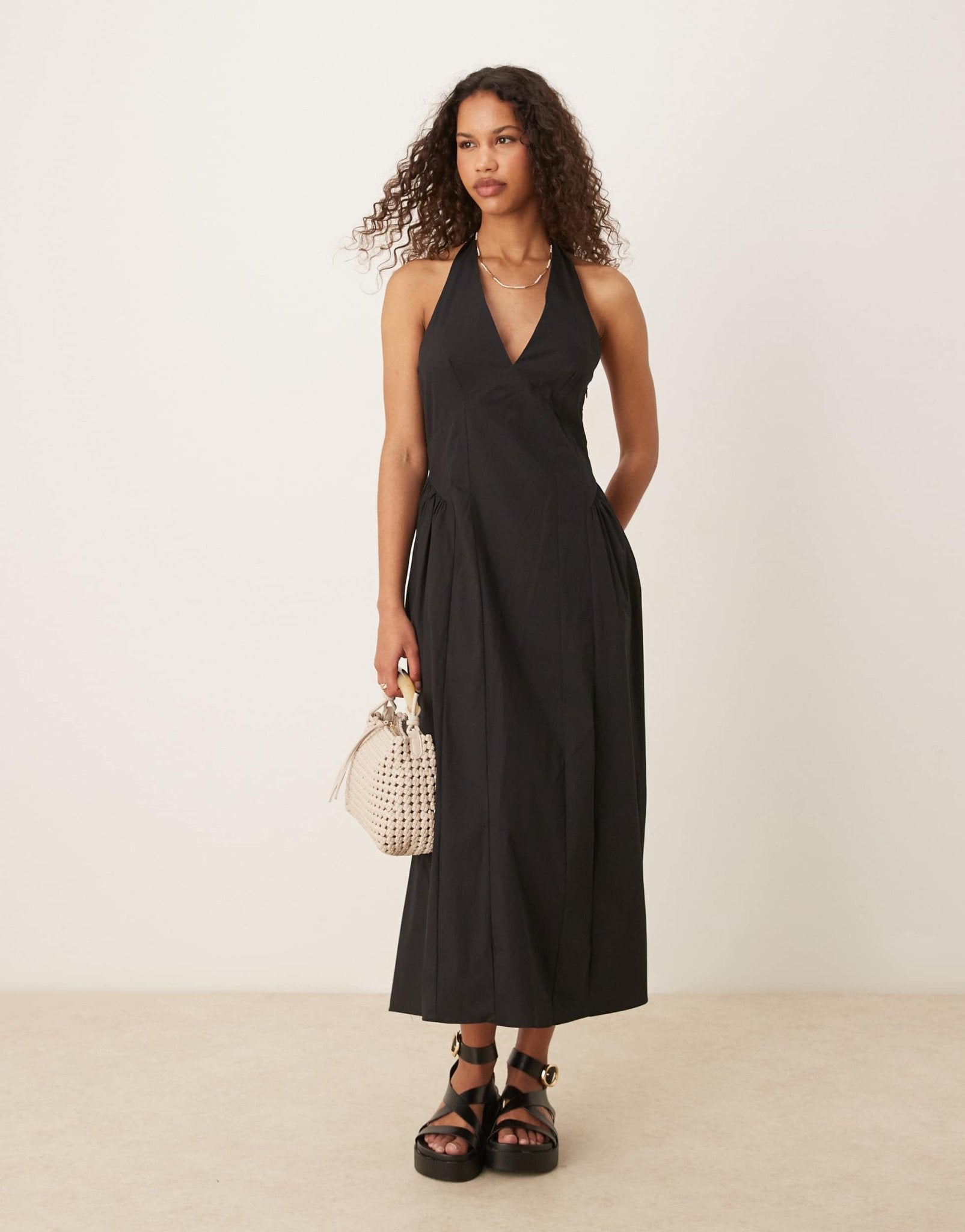 Mango cotton halter neck drop waist midaxi dress with structured bodice in black - ASOS Sample Sale