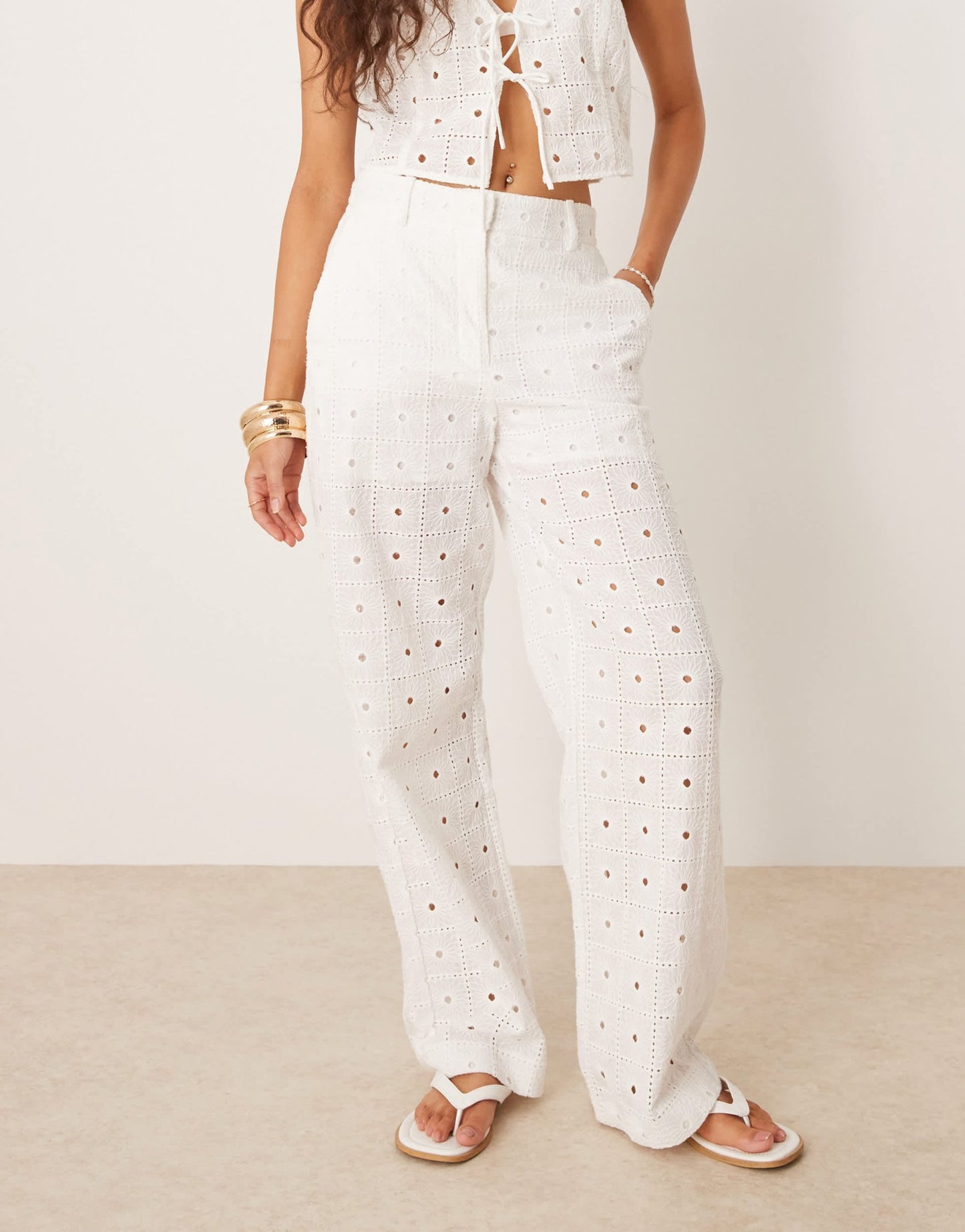 Mango cotton straight leg broderie detail trouser co-ord in white - ASOS Sample Sale