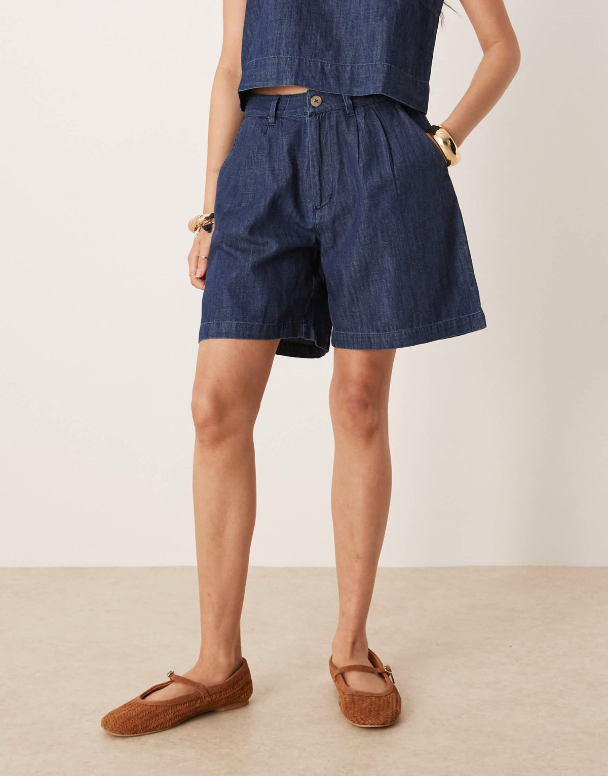 Mango cotton tailored longline denim short co-ord with dart detailing in indigo - ASOS Sample Sale