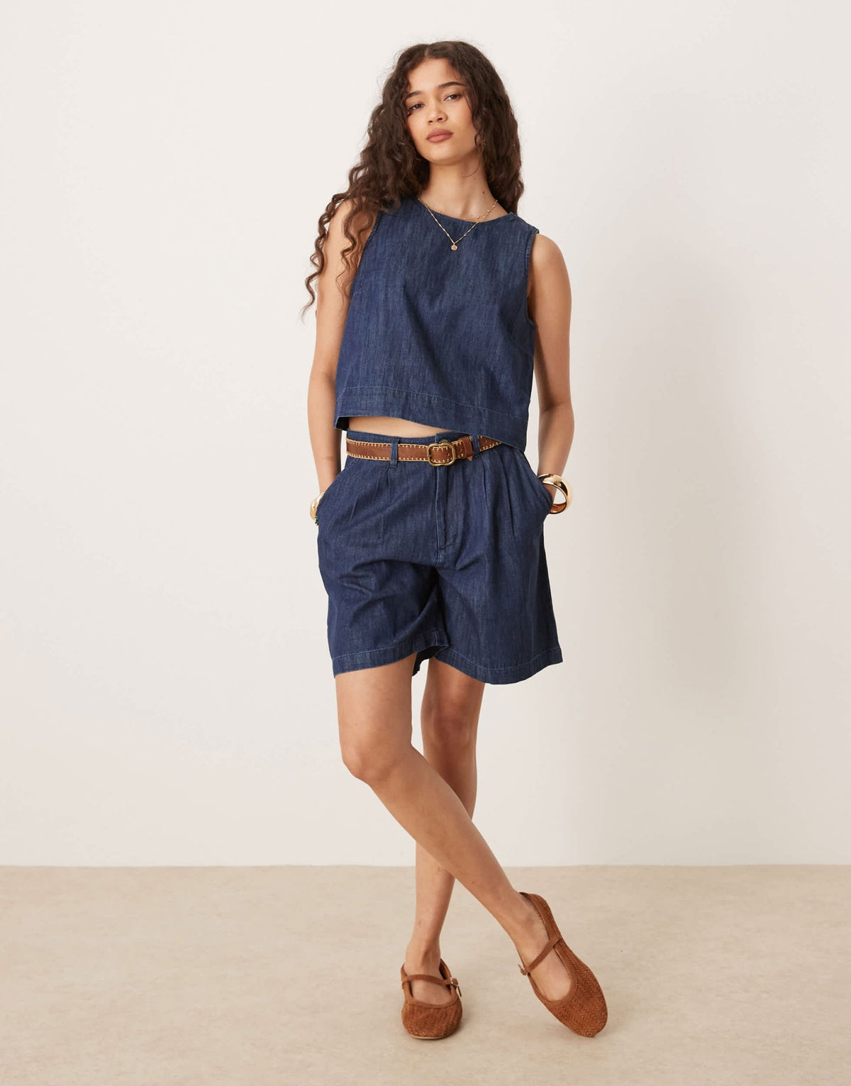 Mango cotton tailored longline denim short co-ord with dart detailing in indigo - ASOS Sample Sale