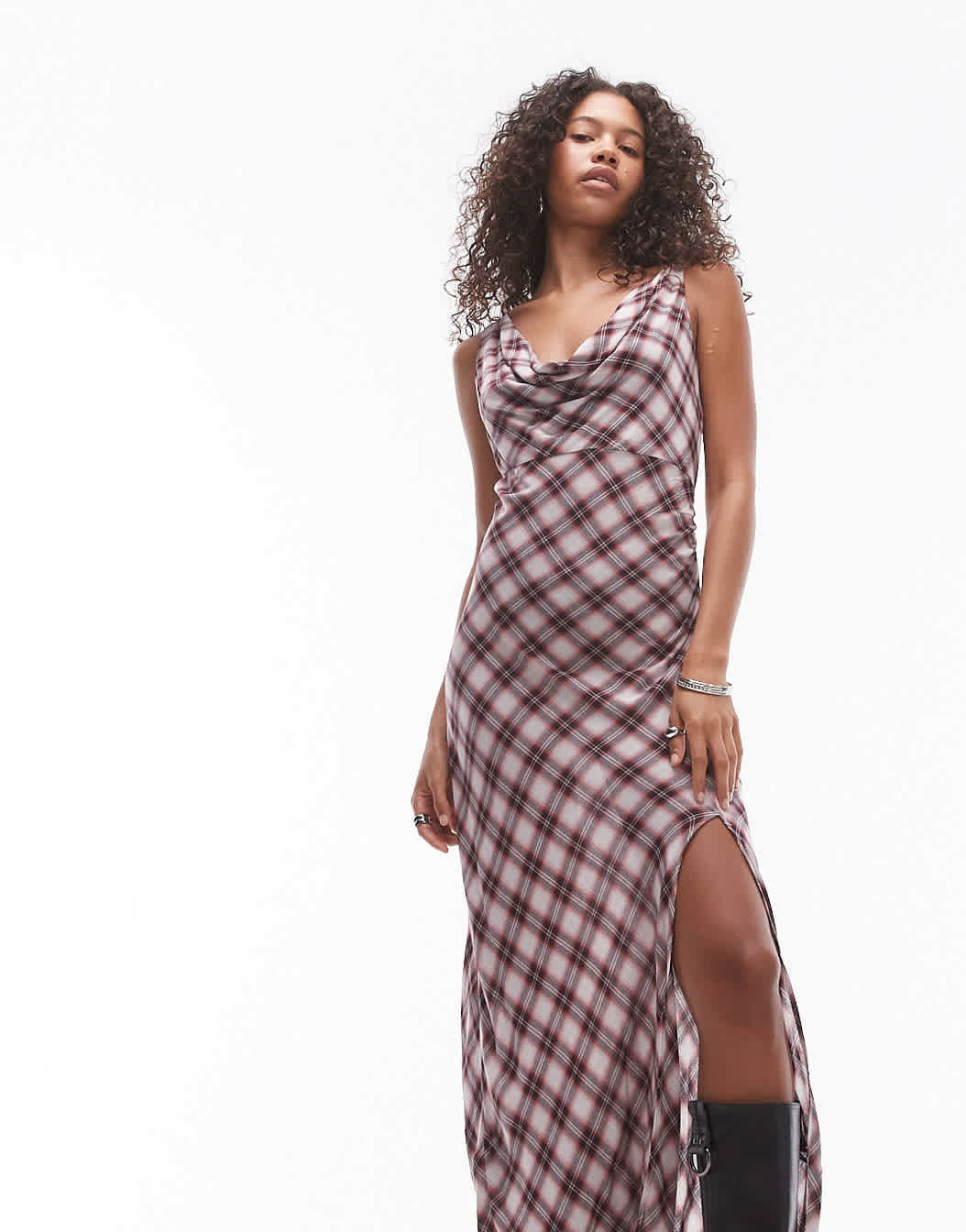 Mango cowl neck check print midi dress in red - ASOS Sample Sale