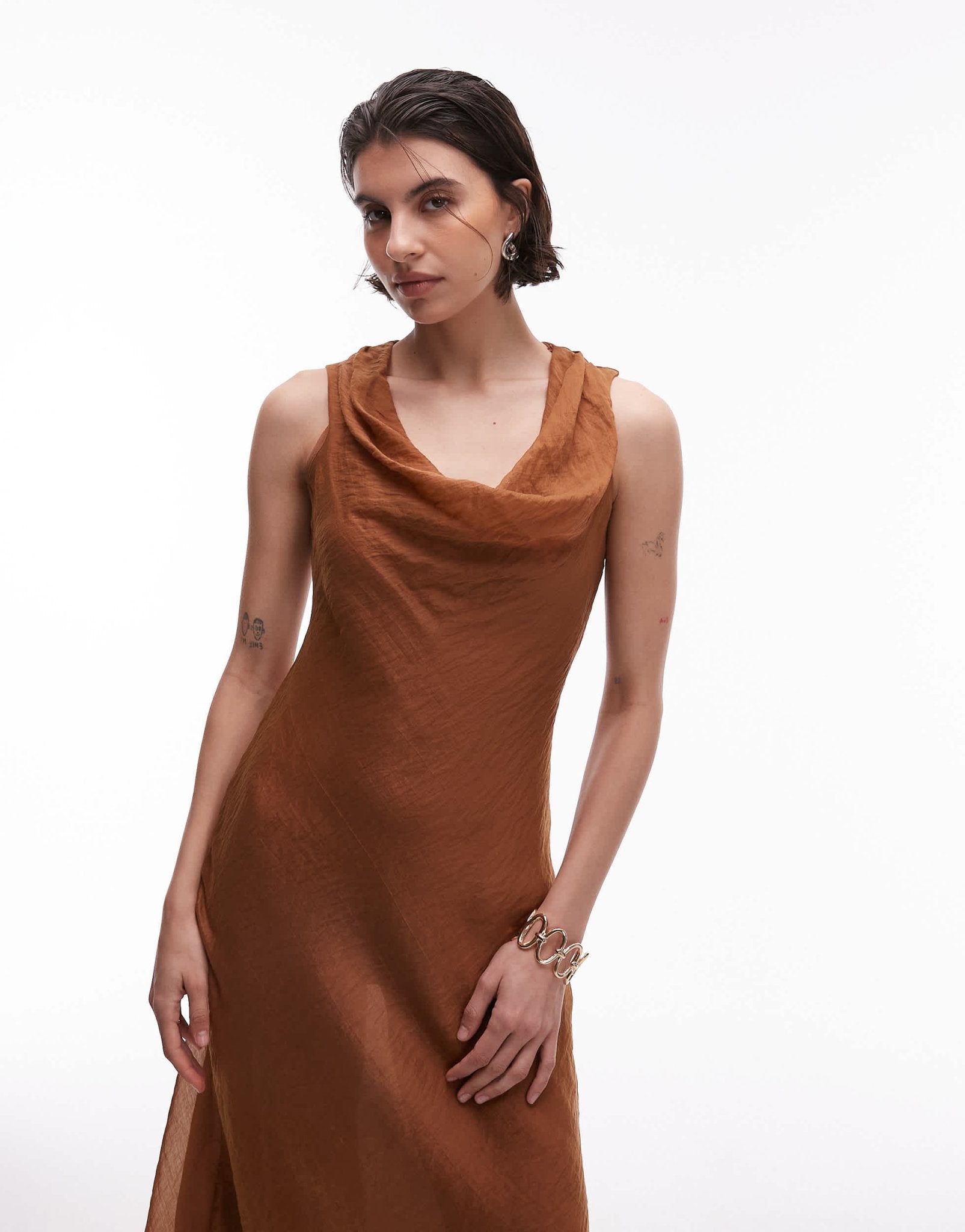 Mango cowl neck satin midi dress in brown - ASOS Sample Sale